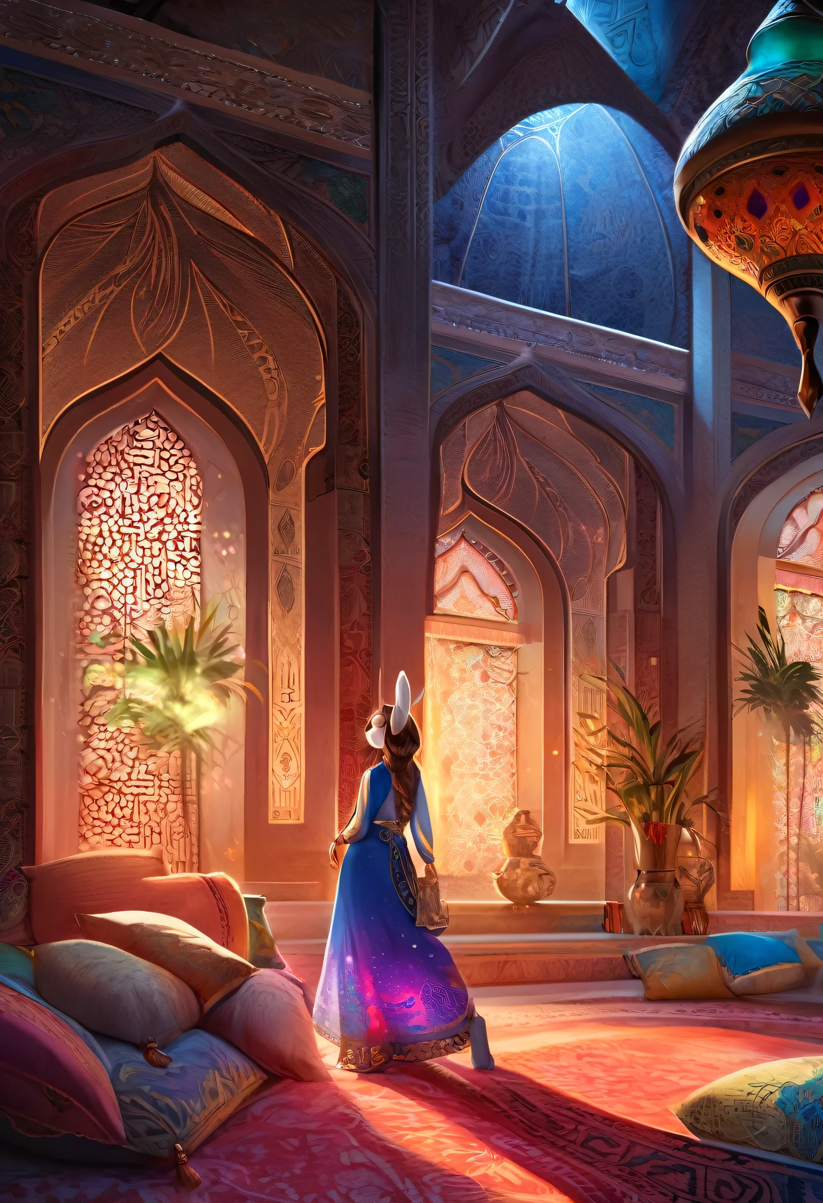 masterpiece, best quality, novel illustration, highres, 16x9 aspect ratio, turkish aesthetic, furry rabbit girl, magical world, arabian garb, exoticism, ethereal beauty, mesmerizing lamps, vibrant colors, delicate designs, rich textures, detailed patterns, lustrous shine,