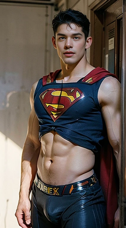 ((Men only)), (head shot), (full length shot (fls)), (handsome muscular man in his 20s), (superman), (Superman, a fictional superhero, is characterized by his chiseled physique, blue eyes, dark hair, and iconic red and blue costume with a bold "S" emblem on his chest), (Chris Redfield), (Mischievous smile), (detaile: 1 in 1), Natural muscles, HIG quality, beautidful eyes, (Detailed face and eyes), (Face、: 1 / 2), Noise, Real Photographics、... .................................................................................................................PSD, Sharp Focus, High resolution 8K, realisitic & Professional Photography, 8K UHD, Soft lighting, High quality, Film grain, FujifilmXT3 , thighs , hips , sexy , nsfw , 🔞  wide hips , wide pelvis