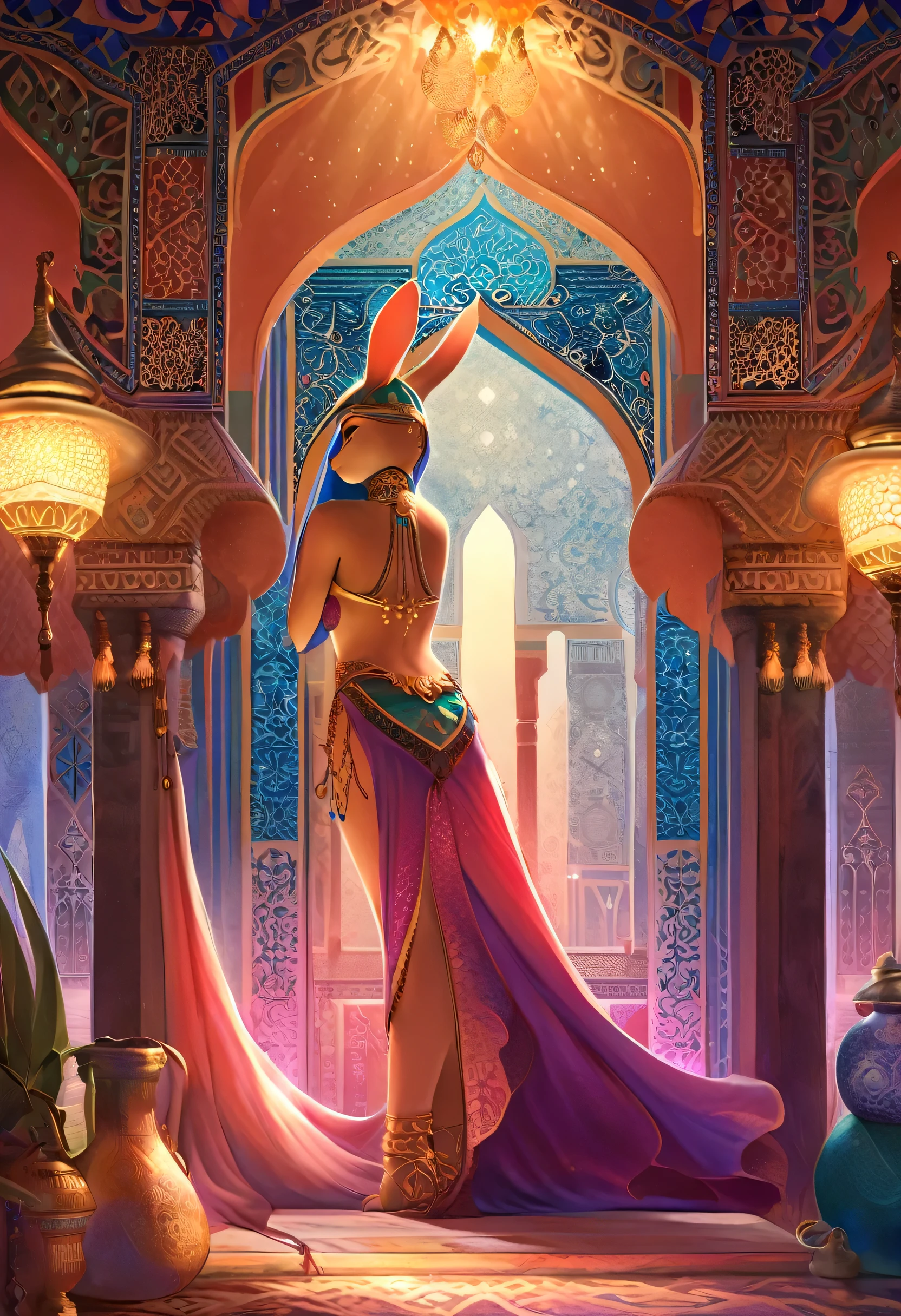 masterpiece, best quality, novel illustration, highres, 16x9 aspect ratio, turkish aesthetic, furry rabbit girl, magical world, arabian garb, exoticism, ethereal beauty, mesmerizing lamps, vibrant colors, delicate designs, rich textures, detailed patterns, lustrous shine,