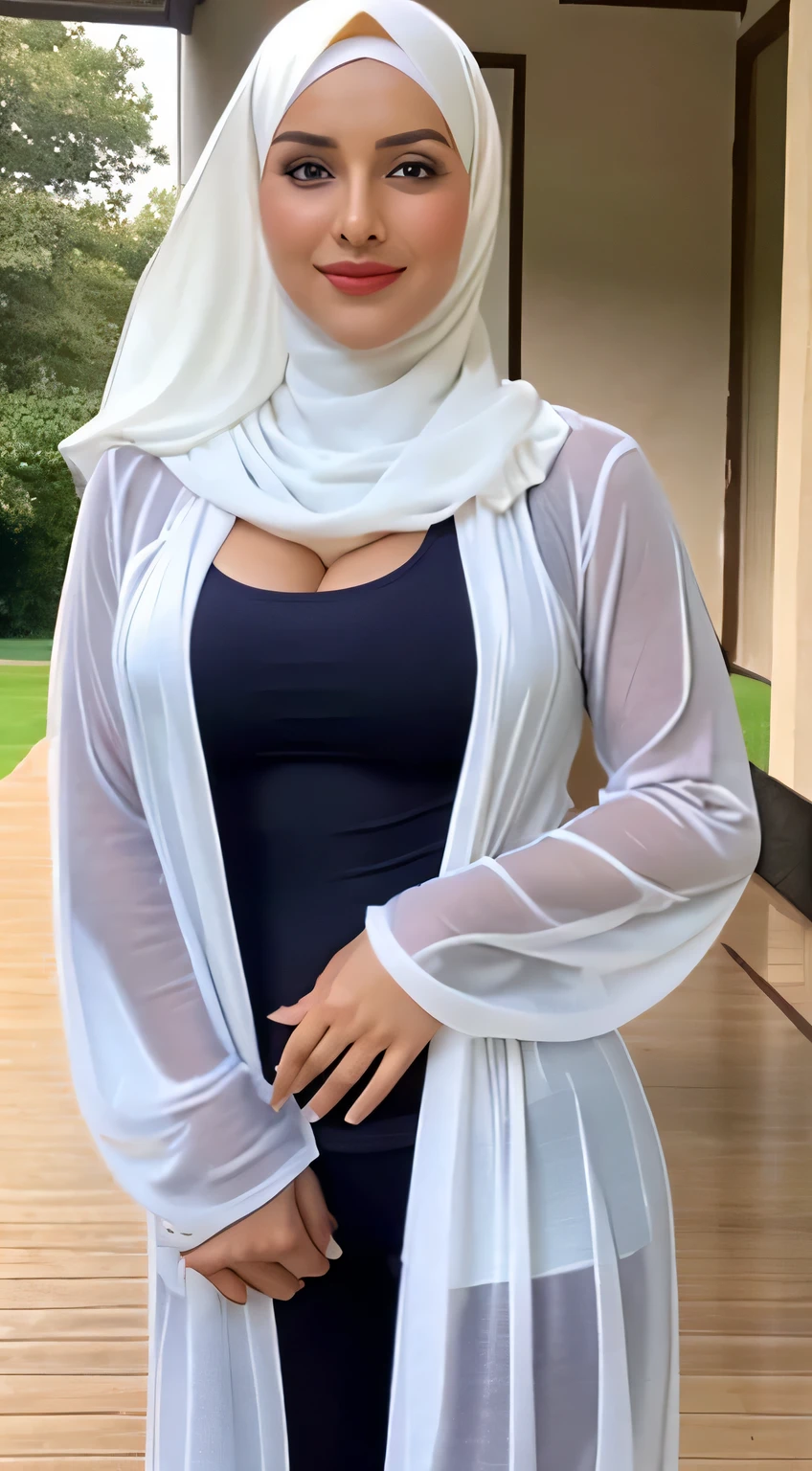 Masterpiece, full size image, fair skin, thick, Sexy muslim woman, spy femme fatalein a hijab and partialy covered formfitting tight white partially covering full sleeve kurti pyjama dress ,very fair standing in a gym drenched in sweat after workout facing you close up Commanding seductive look with toned chiseled abs . Toned big sized ripped biceps, athletic build. Big firm breasts, narrow waist and wide hips, colored pencil sketch . smug smile on her face . Men under her feet, defeated