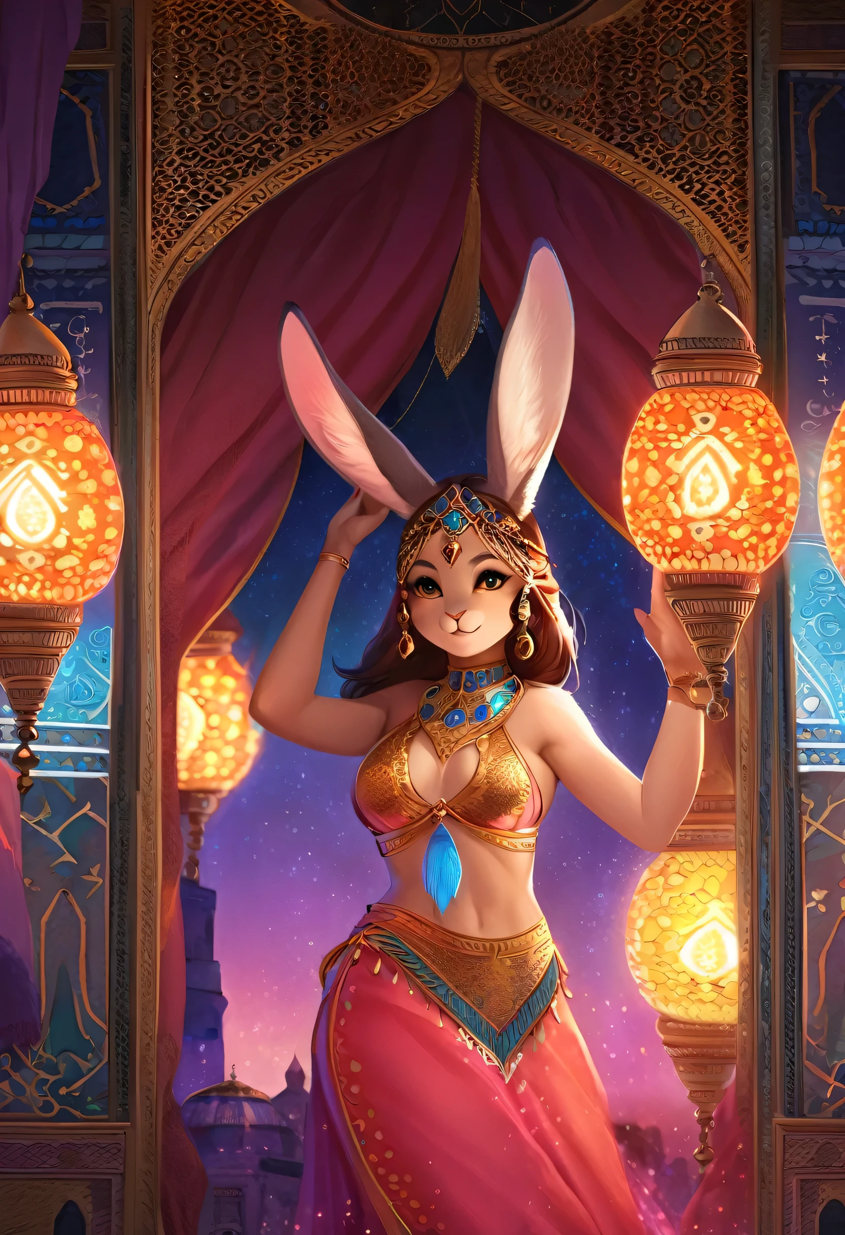 masterpiece, best quality, novel illustration, highres, 16x9 aspect ratio, turkish aesthetic, furry rabbit girl, magical world, arabian garb, exoticism, ethereal beauty, mesmerizing lamps, vibrant colors, delicate designs, rich textures, detailed patterns, lustrous shine,