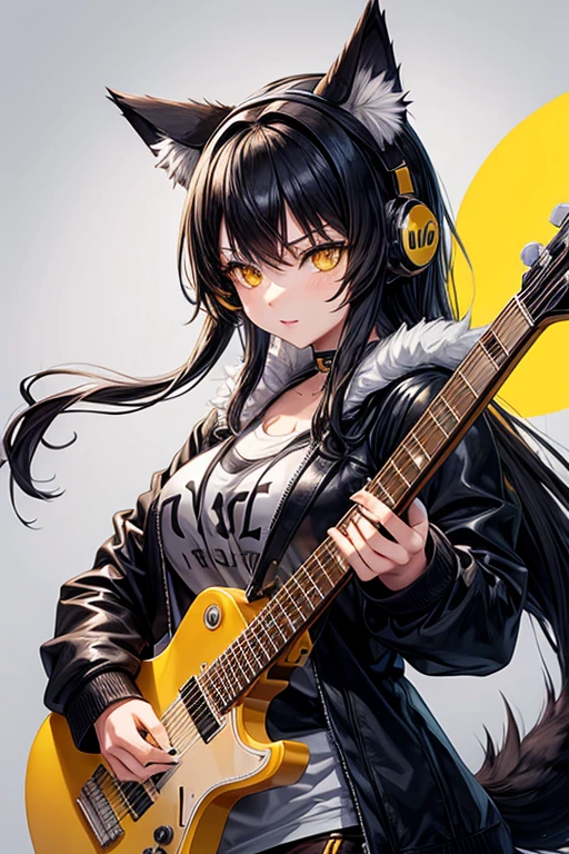wolf girl,yellow eyes,big black hair and yellow tips, furry and cute wolf ears, rock outfit, playing guitar with headphones, beautiful body.
