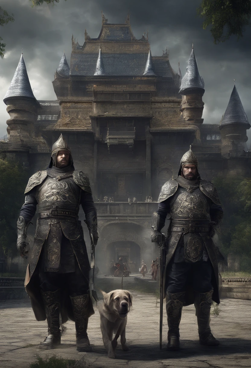 Create a long shot of a dark kingdom dominated by an imposing palace, surrounded by armed guards and an atmosphere of oppression.