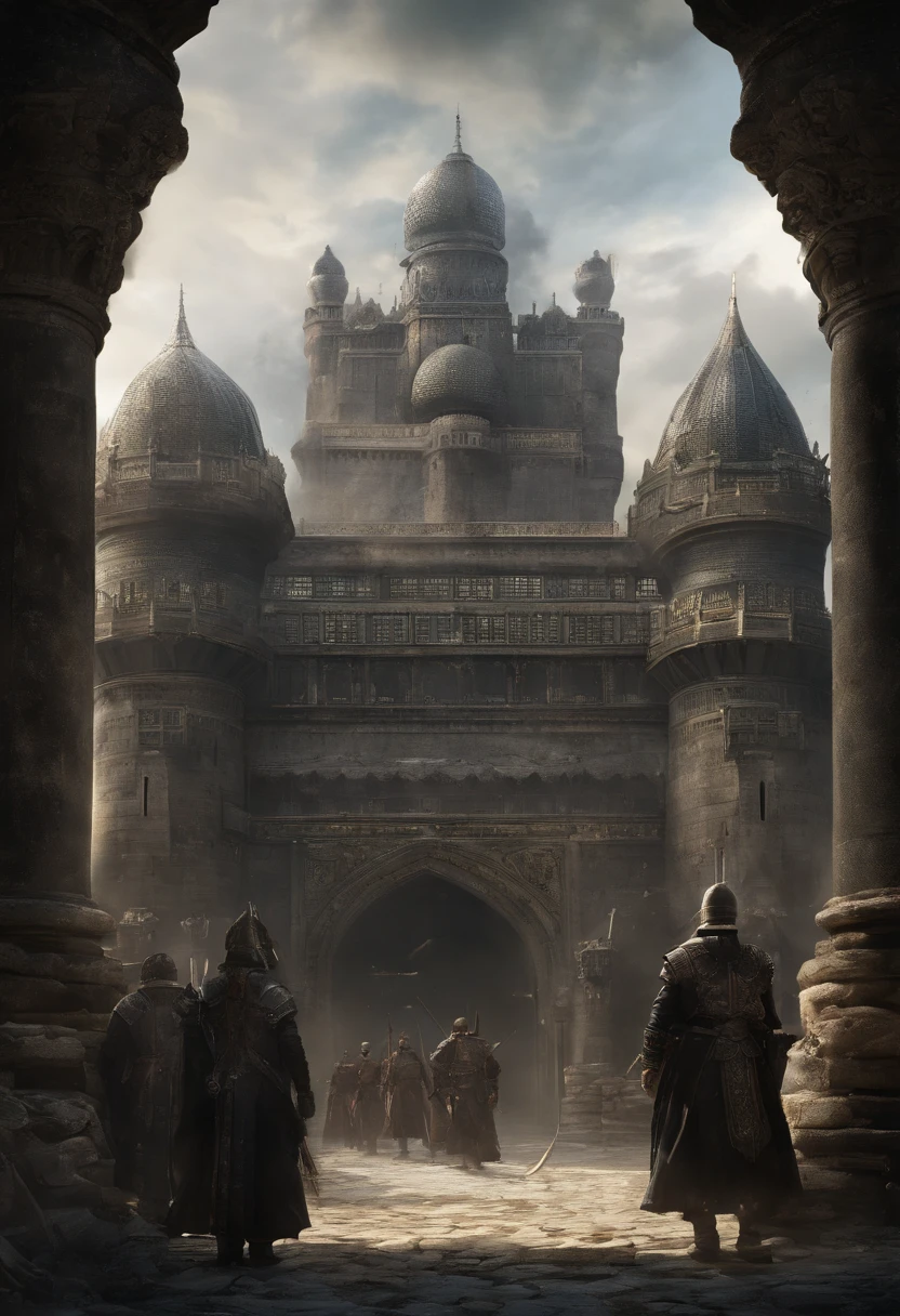Create a long shot of a dark kingdom dominated by an imposing palace, surrounded by armed guards and an atmosphere of oppression.
