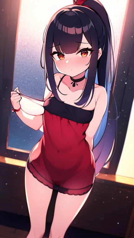 Adulta joven, Alta y delgada, Cabello negro ondulado, mirada penetrante con ojos profundos de color rojo, estatura promedio, Silky hair with a ponytail hairstyle collected with a red bow with two white lines, tiene pechos, copa de pechos a, small breasts, delgada, primer plano, Session, standing in the middle of his room [[[[sonriendo malvadamente]]]] , Sonrojada, mini dress transparent lingerie 