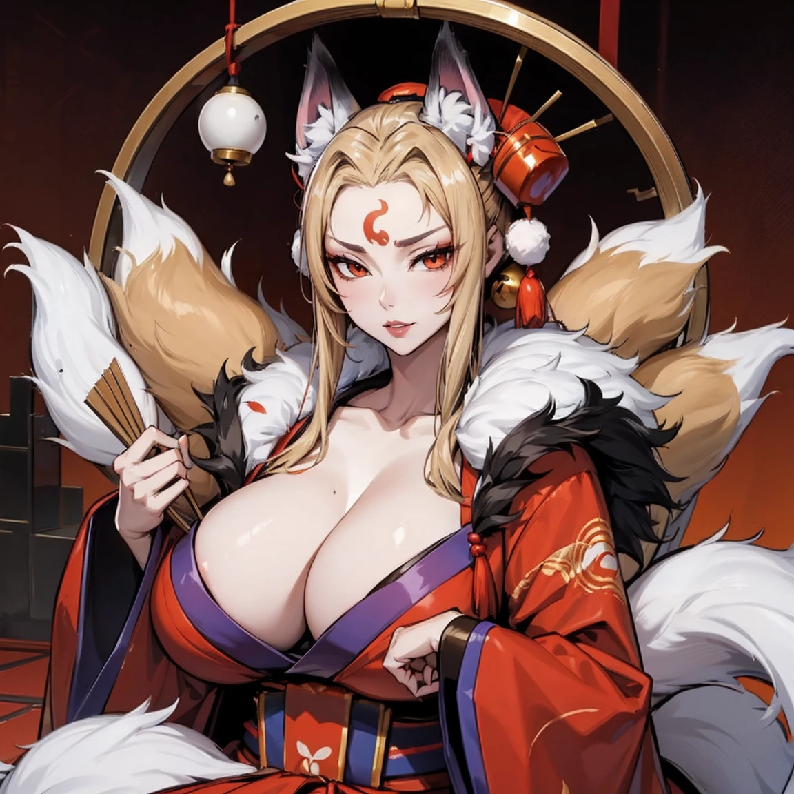 yuanshen,1girl,animal ears,multiple tails,tail,japanese clothes,fox ears,fox tail,kimono,sitting,kitsune,wide sleeves,fox,holding,long hair,kyuubi,hand fan,animal,hair ornament,solo,looking at viewer,long sleeves,blonde hair,rope,holding fan,makeup,bell,torii,mask,fox girl,perfect hands, huge breasts, cleavage, mature, wild hair, hair covering one eye,