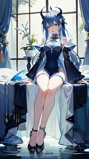 (fullbody:1.2), ((masterpiece)), (((best quality))) 1girl, long blue dress, long dark blue hair, blue hair flower, light blue hair ribbon, blue heels, sitting on a bed, blue eyes, open mouth, water droplets, long sleeves, blue demon horns