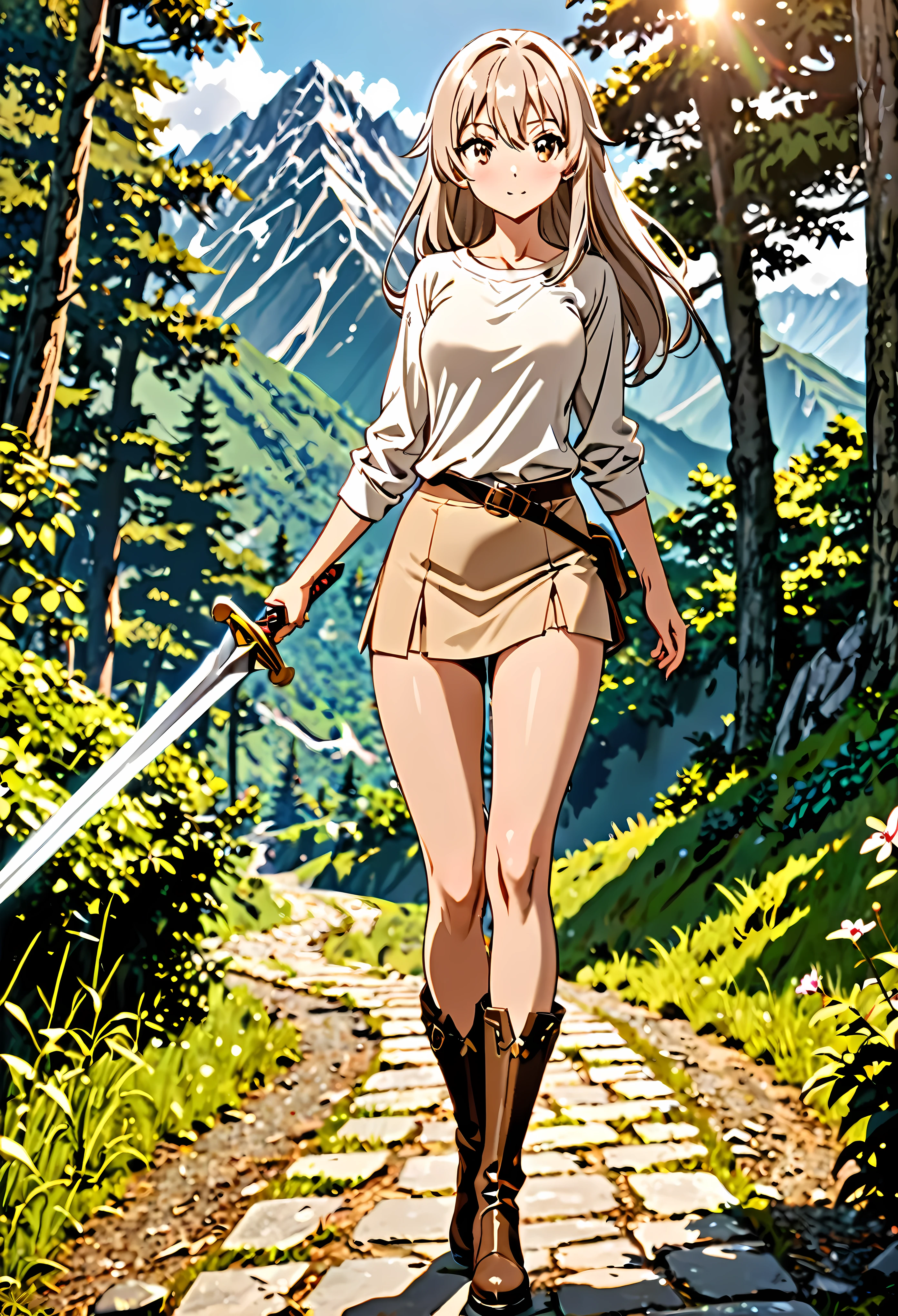 1 female,The perfect 25 years old,((ideal ratio body proportions,small head:1.7)),tan skin,((high quality anime, 8k,masterpiece,Perfect Anatomy)),(beautiful detailed face and eyes,gorgeous eye:1.3,Almond Eyes),brown eyes,(silver hair),Straight long hair,bangs,blush,smile,cowboy shot,medium breasts,slender body,skinny,sweat,(beige mini skirt,A plain off-white cotton shirt、navel)、Simple leather boots、Walking along mountain paths、A world of swords and magic、Lush trees、In the mountains、