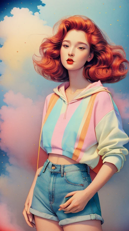 ((line art)), A woman combination Young woman (Blake Lively:0.6), (Meryl streep:0.9), (Gielle Bundchen:0.7), long red hair, thin, body, small smile, ((heavy gaussian blur)), ((soft lighting)), (((extremely hazy:1.2))), ((film grain)), (extremely bright), vintage film, (dreamy atmosphere), bright vivid colors,
Wearing a charcol collored sweatshirt, Jean shorts, sneakers,