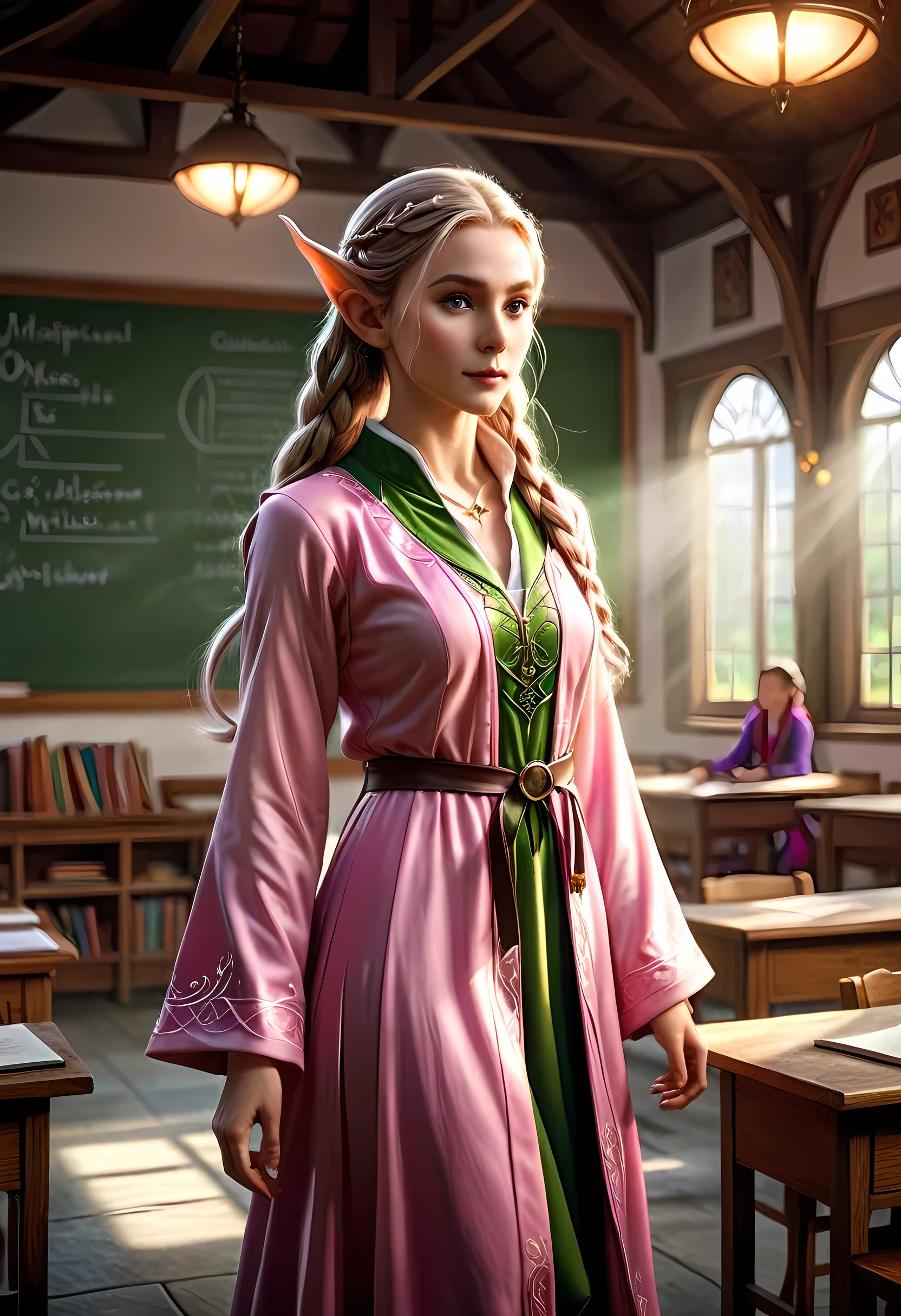 high details, best quality, 16k, [ultra detailed], masterpiece, best quality, (extremely detailed), ultra wide shot, photorealistic, a picture of an elf magical teacher (best details, Masterpiece, best quality: 1.5), teaching magical arts, manipulating magical pink magic runes in the air GlowingRunes_pink (best details, Masterpiece, best quality: 1.5) at fantasy classroom, a female elf, exquisite beauty (best details, Masterpiece, best quality: 1.5), ultra feminine (best details, Masterpiece, best quality: 1.5), full body (best details, Masterpiece, best quality: 1.5) golden hair, hair in a long braid, small pointed ears, dynamic eyes color, wearing a teachers robe, standing in the classroom (best details, Masterpiece, best quality: 1.5), fantasy class background, best realistic, best details, best quality, 16k, [ultra detailed], masterpiece, best quality, (extremely detailed), ultra wide shot, photorealism, room is lit with bright light, depth of field, half-elf ears