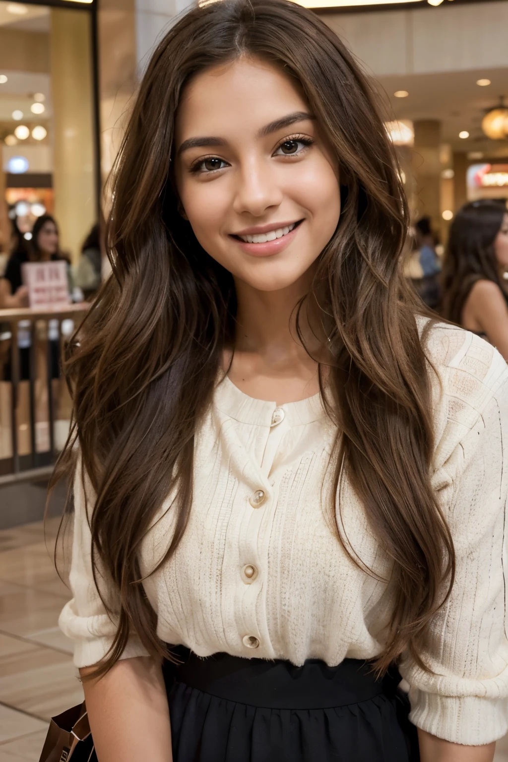 A vibrant Instagram model with styled light brown long wavy hair and deep brown eyes exudes charm at a shopping mall. The scene is captured in a beautifully composed photograph at a mall, joined by a female friend showcasing the model's warm smile and engaging presence. The image captures a moment of happy friends in a high-quality, visually stunning way.