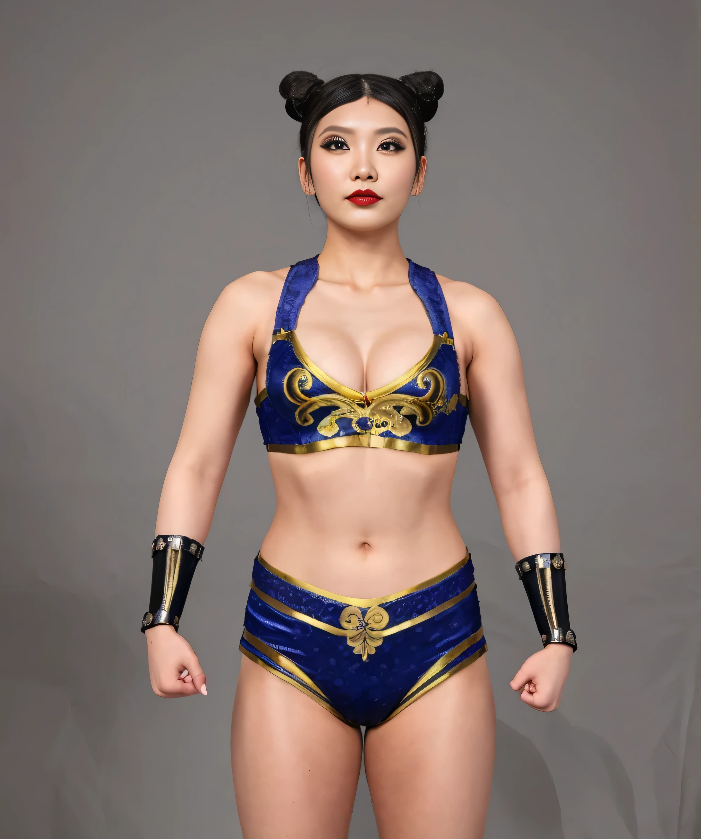 ((masterpiece, best quality)), ((((perfect anatomy)))), ((Chinese woman with black hair buns)), (30 year old), Blue and gold trimmed bra, ((blue and gold trimmed briefs)), black and silver studded bracers, standing in front of a grey screen, smirking, dark makeup, red lipstick, ((photo realistic)),