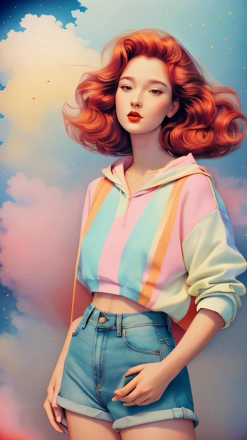 ((line art)), A woman combination Young woman (Blake Lively:0.6), (Meryl streep:0.9), (Gielle Bundchen:0.7), long red hair, thin, body, small smile, ((heavy gaussian blur)), ((soft lighting)), (((extremely hazy:1.2))), ((film grain)), (extremely bright), vintage film, (dreamy atmosphere), bright vivid colors,
Wearing a charcol collored sweatshirt, Jean shorts, sneakers,