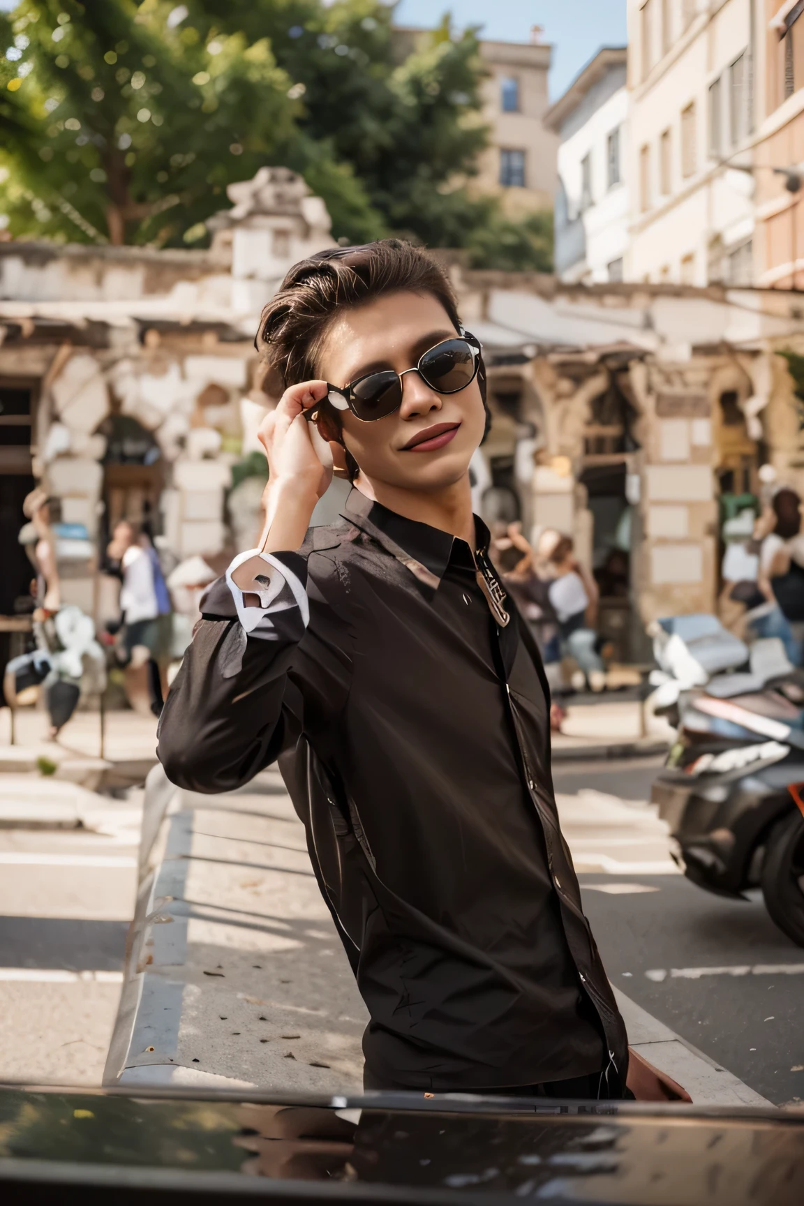 19 year old boy Change natural background and sunglasses and blur and glow face 3d effect 8k Realistic image