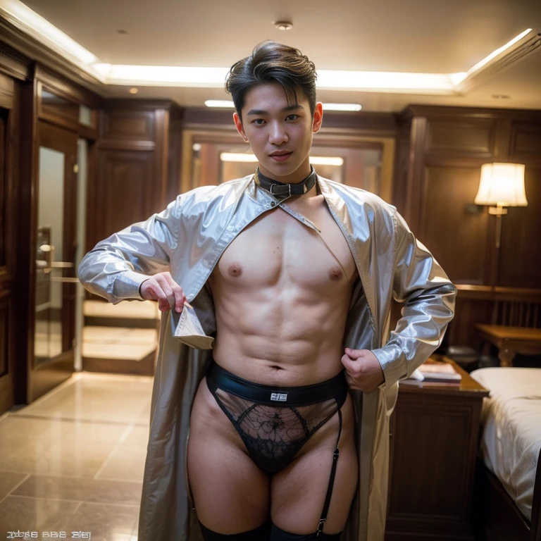 ((Boy only)), (handsome man in his 20s), (sexy latex micro thong ,), (Mischievous smile), HIG quality, beautidful eyes, (Detailed face and eyes), (Face、: 1 / 2), Noise, Real Photographics、... .PSD, Sharp Focus, High resolution 8K, realisitic & Professional Photography, 8K UHD, Soft lighting, High quality, Film grain, FujifilmXT3 ,sexy , NSFW , eroticism , full length shot(fls) ,standing, (thick thighs , phat hips ,wide pelvis , wide hips) , handsome boy , smirk , grins , K-pop idol looking , (plump hips), bare thighs, bare chest , bondage collar , tall , hunk , ((((only male , only boy)))) , standing , 🔞 , puffy nipples , swollen nipples , ((boy korean hairstyle)) , (stocking garters)