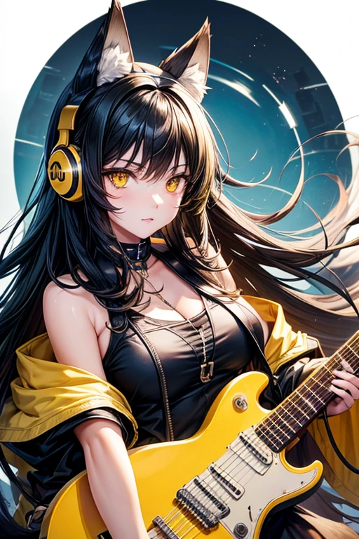 wolf girl,yellow eyes,big black hair and yellow tips, furry and cute wolf ears, rock outfit, playing guitar with headphones, beautiful body.

￼


