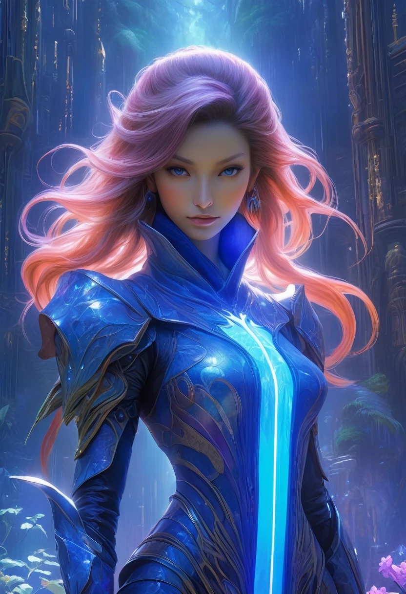 best quality,4k,8k,highres,masterpiece:1.2,ultra-detailed,realistic:1.37,HDR,UHD,studio lighting,ultra-fine painting,sharp focus,physically-based rendering,(Yoshitaka Amano style:1.1),SFW,(safe for work), A israeli woman and her guardian familiar, mystical creature,otherworldly creature,enchanting companions,wearing stylish futuristic clothes,inspired by Phantasy Star Online, dynamic poses, (The woman, with her eyes brightly colored, no makeup and her israeli facial features elegantly detailed, adding to her allure. Dressed in elegant casual clothes with a stylish futuristic jacket.), (She is accompanied by a guardian, a crystal Golem made of cobalt aura and opal with thick limbs. The creature's presence adds a sense of wonder and magic to the scene.), (The woman and her companion stand in a dark and gothic city, a modern metropolis with surreal plants, and vibrant signs. The colors are vibrant, with a mixture of dark blues, browns, and pale reds creating a dreamlike atmosphere.), (The lighting is soft but illuminating, casting a gentle glow on both the woman and the creature.), (The overall composition has a realistic and photorealistic quality, capturing the essence of the scene in intricate detail.), (The art style is inspired by Yoshitaka Amano, known for his ethereal and otherworldly illustrations. The combination of realistic elements with the artist's unique style creates a captivating and visually stunning image.),Greg Rutkowski