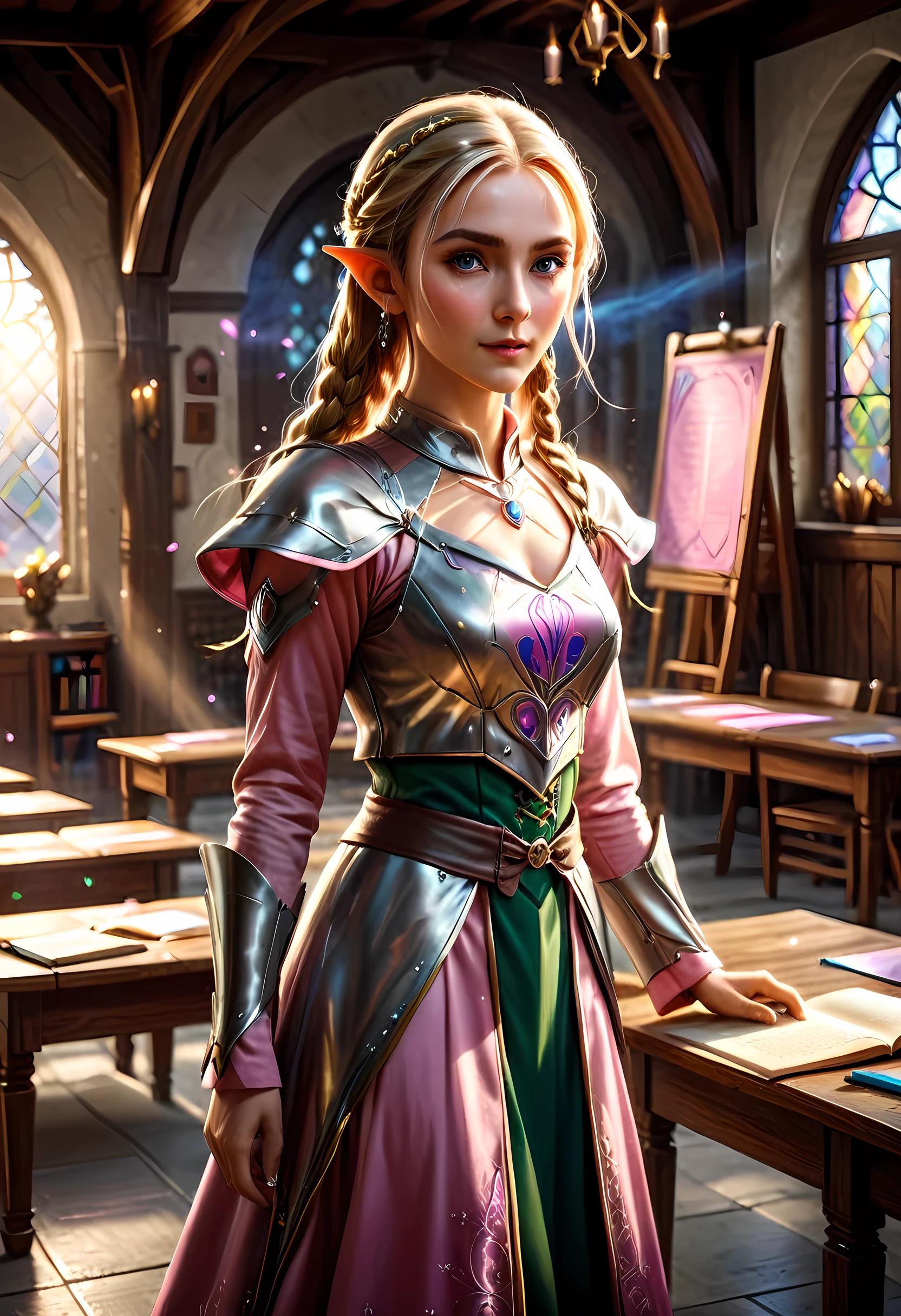 high details, best quality, 16k, [ultra detailed], masterpiece, best quality, (extremely detailed), ultra wide shot, photorealistic, a picture of an elf magical teacher (best details, Masterpiece, best quality: 1.5), teaching magical arts, manipulating magical pink magic runes in the air GlowingRunes_pink (best details, Masterpiece, best quality: 1.5) at fantasy classroom, a female elf, exquisite beauty (best details, Masterpiece, best quality: 1.5), ultra feminine (best details, Masterpiece, best quality: 1.5), full body (best details, Masterpiece, best quality: 1.5) golden hair, hair in a long braid, small pointed ears, dynamic eyes color, wearing a teachers robe, standing in the classroom (best details, Masterpiece, best quality: 1.5), fantasy class background, best realistic, best details, best quality, 16k, [ultra detailed], masterpiece, best quality, (extremely detailed), ultra wide shot, photorealism, room is lit with bright light, depth of field, half-elf ears, ArmoredDress