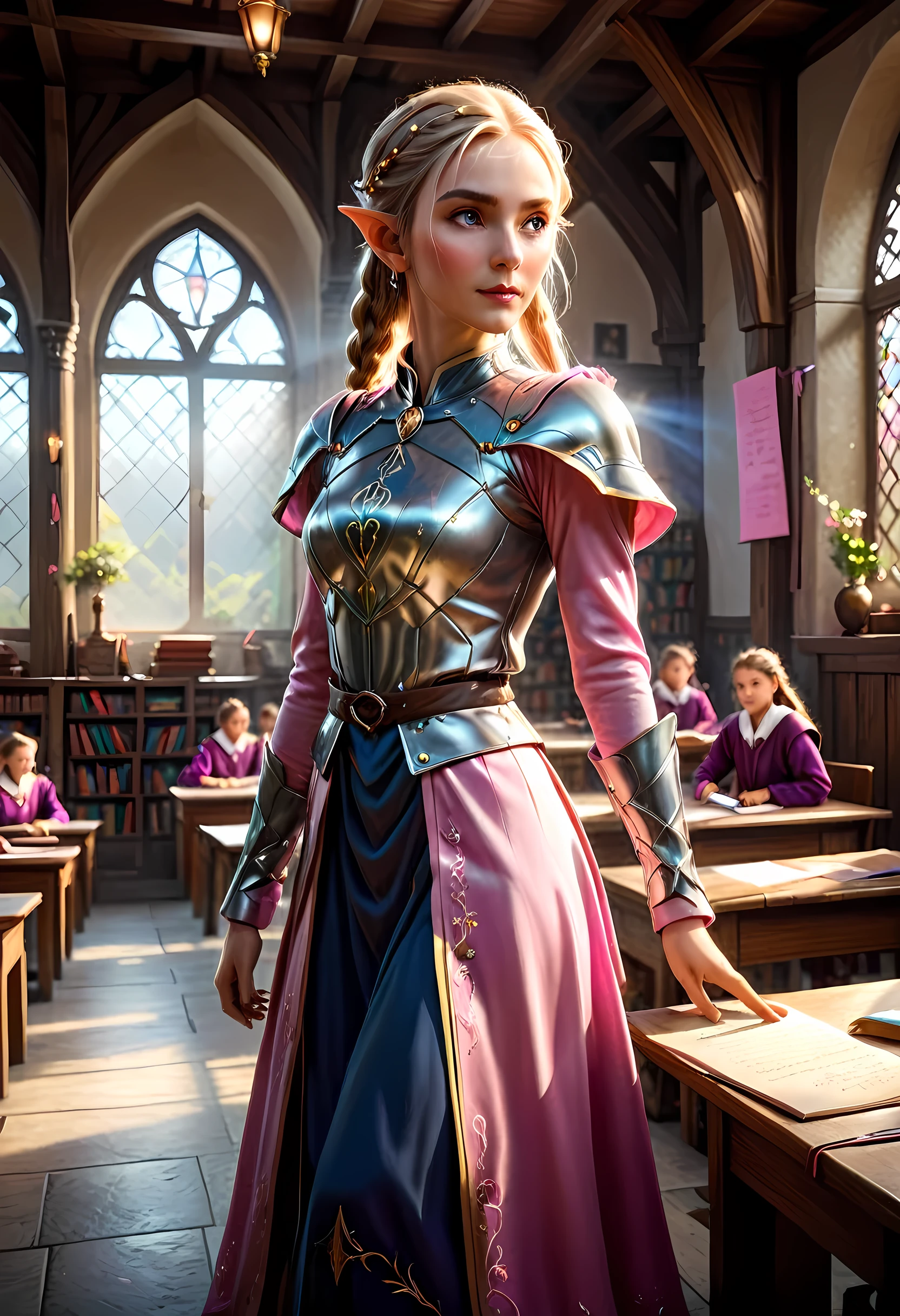 high details, best quality, 16k, [ultra detailed], masterpiece, best quality, (extremely detailed), ultra wide shot, photorealistic, a picture of an elf magical teacher (best details, Masterpiece, best quality: 1.5), teaching magical arts, manipulating magical pink magic runes in the air GlowingRunes_pink (best details, Masterpiece, best quality: 1.5) at fantasy classroom, a female elf, exquisite beauty (best details, Masterpiece, best quality: 1.5), ultra feminine (best details, Masterpiece, best quality: 1.5), full body (best details, Masterpiece, best quality: 1.5) golden hair, hair in a long braid, small pointed ears, dynamic eyes color, wearing a teachers robe, standing in the classroom (best details, Masterpiece, best quality: 1.5), fantasy class background, best realistic, best details, best quality, 16k, [ultra detailed], masterpiece, best quality, (extremely detailed), ultra wide shot, photorealism, room is lit with bright light, depth of field, half-elf ears, ArmoredDress