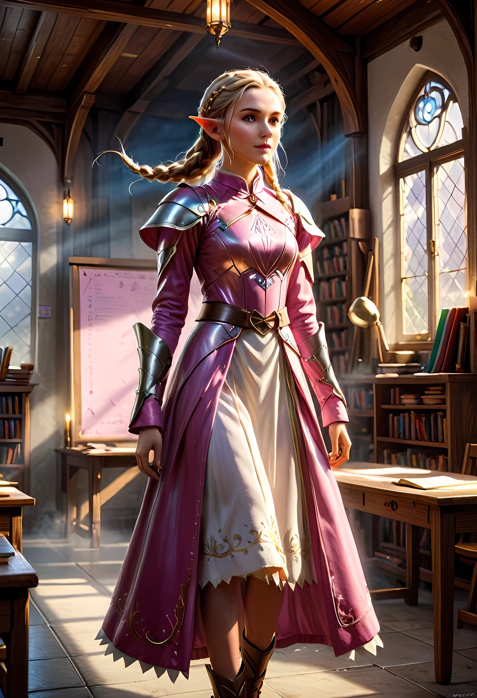 high details, best quality, 16k, [ultra detailed], masterpiece, best quality, (extremely detailed), ultra wide shot, photorealistic, a picture of an elf magical teacher (best details, Masterpiece, best quality: 1.5), teaching magical arts, manipulating magical pink magic runes in the air GlowingRunes_pink (best details, Masterpiece, best quality: 1.5) at fantasy classroom, a female elf, exquisite beauty (best details, Masterpiece, best quality: 1.5), ultra feminine (best details, Masterpiece, best quality: 1.5), full body (best details, Masterpiece, best quality: 1.5) golden hair, hair in a long braid, small pointed ears, dynamic eyes color, wearing a teachers robe, standing in the classroom (best details, Masterpiece, best quality: 1.5), fantasy class background, best realistic, best details, best quality, 16k, [ultra detailed], masterpiece, best quality, (extremely detailed), ultra wide shot, photorealism, room is lit with bright light, depth of field, half-elf ears, ArmoredDress