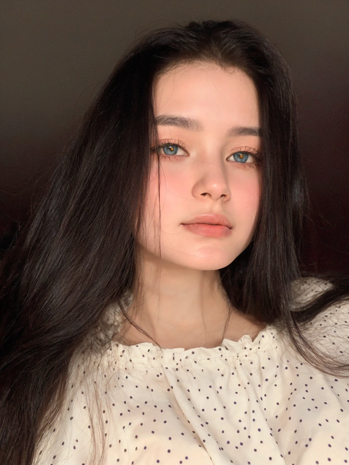 There is a woman with long hair and a white blouse, 18 years old, , 19 years old girl, Headshot profile photo, 🤤 portrait of a girl, with long hair and penetrating eyes, High quality portrait, 19 years old age, Profile image, pale-skinned Persian girl (with the sharpness of a photograph taken by a Canon EOS R5 camera, 50 mm lens, F/2.8).