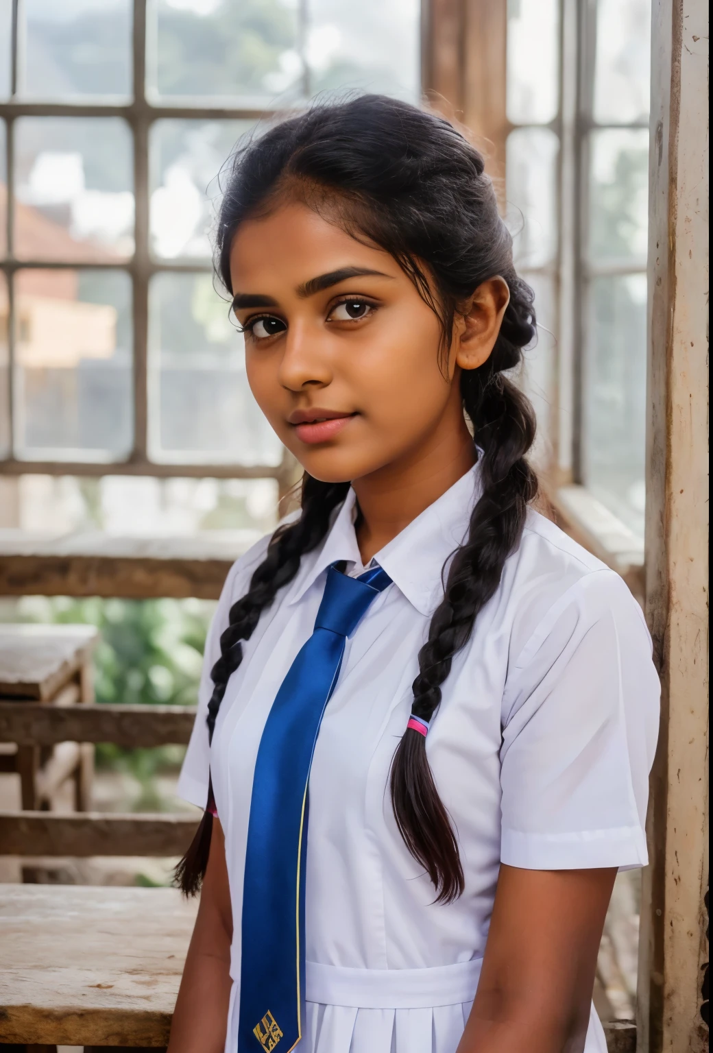 Raw photo , 1 girl  ,Wearing white frock and color tie, white shoes ,sri lanka teen school girl, with plait , professional photographer, (hdr:1.4), masterpiece, ultra-realistic 8k, perfect artwork, intrincate details, cute face, award winning photograph, (Best quality, 8k, 32k, Masterpiece, UHD:1.3) ,