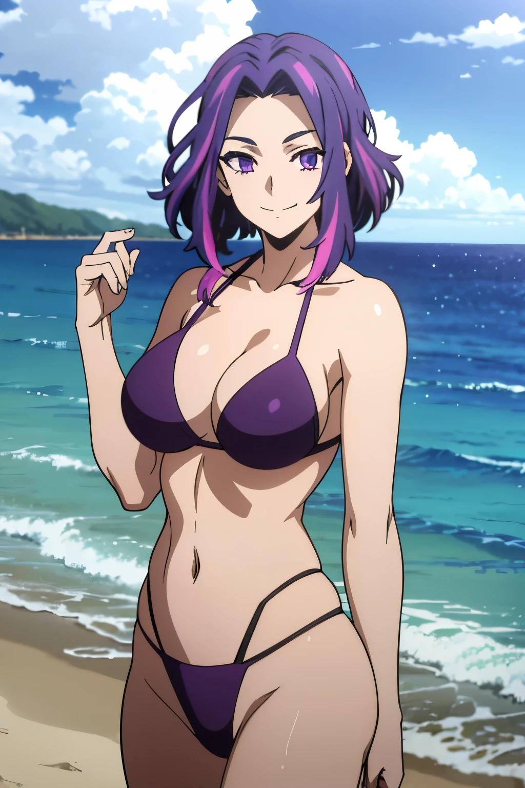 1girl, short hair, purple hair, multicolored hair, purple eyes,.masterpiece, best quality, , bikini, 1girl, solo, looking at viewer, smile, long hair, breasts, beach, dark sky, contrapposto, smile, upper body, closed mouth, best quality,