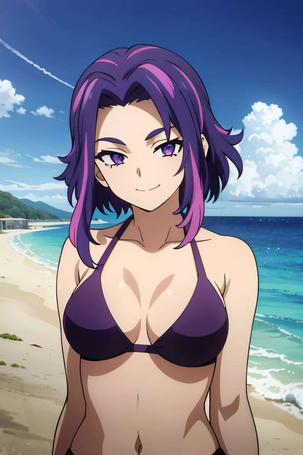 1girl, short hair, purple hair, multicolored hair, purple eyes,.masterpiece, best quality, , bikini, 1girl, solo, looking at viewer, smile, long hair, breasts, beach, dark sky, contrapposto, smile, upper body, closed mouth, best quality,