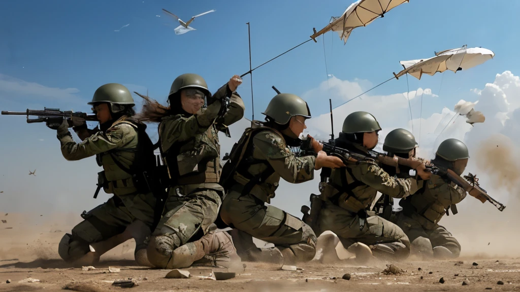 Grand war scene,A group of Chinese female special forces soldiers parachuting and fighting with assault rifles, bulletproof vest, Backpack, boots, covered in wounds, Determined gaze, Dynamic poses, Chariot,Fighter,Tactical Formation,Innovative configuration, Oil painting effect of dust in the air,Wide screen