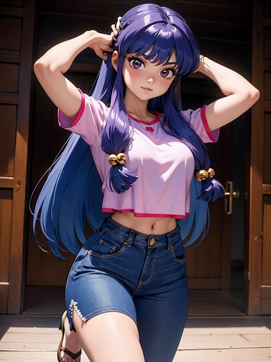 Chica anime sonriendo cabello largo morado, vistiendo una blusa morada y pantalones cortos de mezclilla sexys, , manos en el pelo, with hands behind head, cuerpo bonito, senos grandes, pelo morado morado, pelo largo morado, chica sexy, pelo morado largo, Beautiful lighting, sombras suaves, ojos azules, bonitas piernas, pelo con trenza, estilo anime, Personagrm Shampoo, Autora Rumiko Takahashi, Basado en obra de Rumiko Takahashi, Anime Ranma 1/ 2, sexy decoration, cadera robusta, cuerpo entero, cuerpo completo, busto grande, chica joven con cuerpo hermoso y hermoso, sandalias en los pies, garota 16 yearsaixa estatura, vistiendo una blusa morada y pantalones cortos de mezclilla sexys, chica anime, estilo anime, hermosos pies en sandalias, 45° viewing angle, gesto sexy, pecho empujado hacia adelante