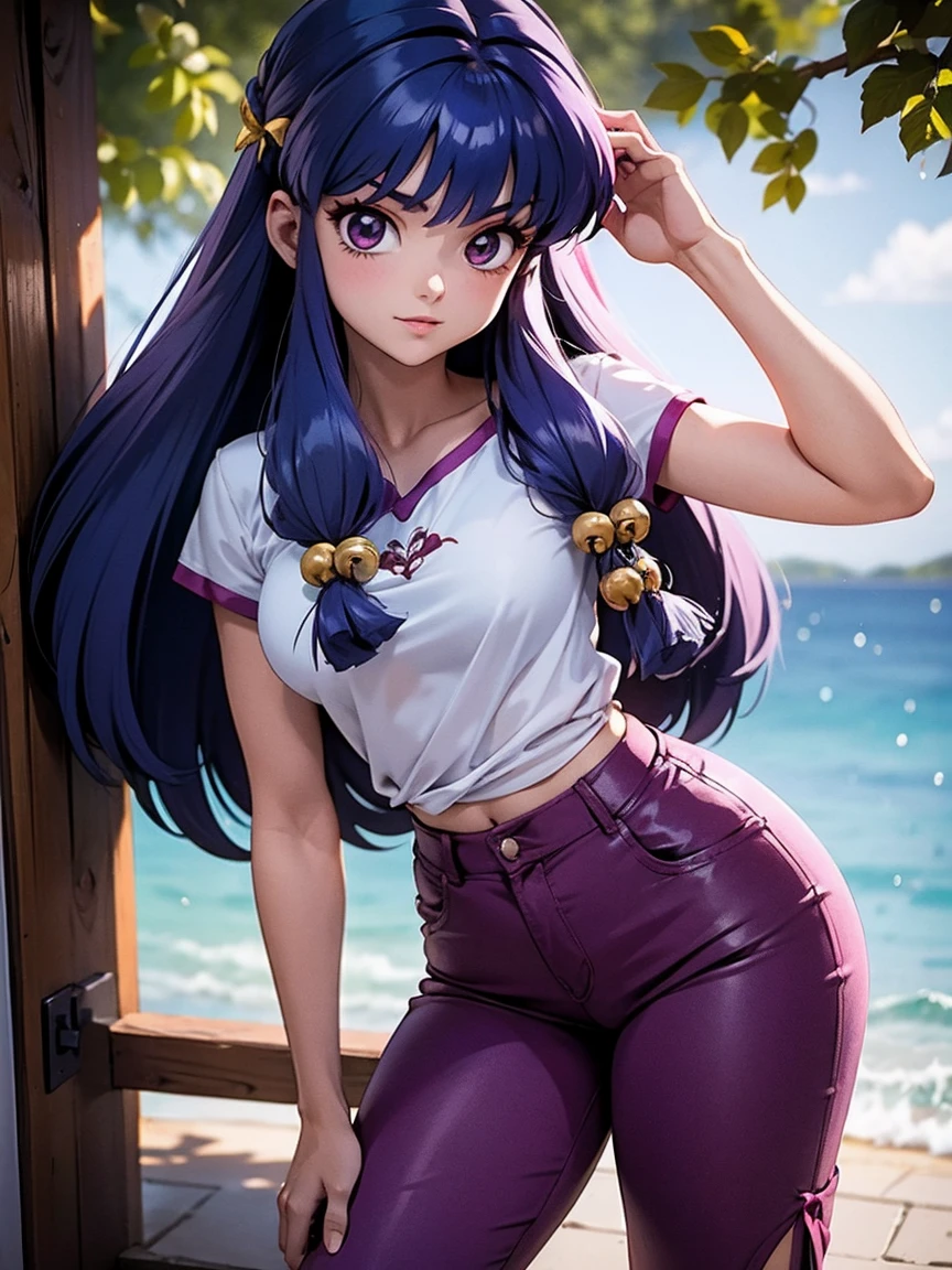 Chica anime sonriendo cabello largo morado, vistiendo una blusa morada y pantalones cortos de mezclilla sexys, 16 years, manos en el pelo, with hands behind head, cuerpo bonito, senos grandes, pelo morado morado, pelo largo morado, chica sexy, pelo morado largo, Beautiful lighting, sombras suaves, ojos azules, bonitas piernas, pelo con trenza, estilo anime, Personagrm Shampoo, Autora Rumiko Takahashi, Basado en obra de Rumiko Takahashi, Anime Ranma 1/ 2, sexy decoration, cadera robusta, cuerpo entero, cuerpo completo, busto grande, chica joven con cuerpo hermoso y hermoso, sandalias en los pies, garota 16 years jovem baixa estatura, vistiendo una blusa morada y pantalones cortos de mezclilla sexys, chica anime, estilo anime, hermosos pies en sandalias, 45° viewing angle, gesto sexy, pecho empujado hacia adelante