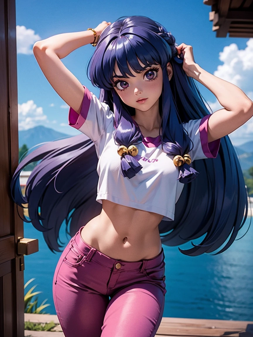 Chica anime sonriendo cabello largo morado, vistiendo una blusa morada y pantalones cortos de mezclilla sexys, 16 years, manos en el pelo, with hands behind head, cuerpo bonito, senos grandes, pelo morado morado, pelo largo morado, chica sexy, pelo morado largo, Beautiful lighting, sombras suaves, ojos azules, bonitas piernas, pelo con trenza, estilo anime, Personagrm Shampoo, Autora Rumiko Takahashi, Basado en obra de Rumiko Takahashi, Anime Ranma 1/ 2, sexy decoration, cadera robusta, cuerpo entero, cuerpo completo, busto grande, chica joven con cuerpo hermoso y hermoso, sandalias en los pies, garota 16 years jovem baixa estatura, vistiendo una blusa morada y pantalones cortos de mezclilla sexys, chica anime, estilo anime, hermosos pies en sandalias, 45° viewing angle, gesto sexy, pecho empujado hacia adelante