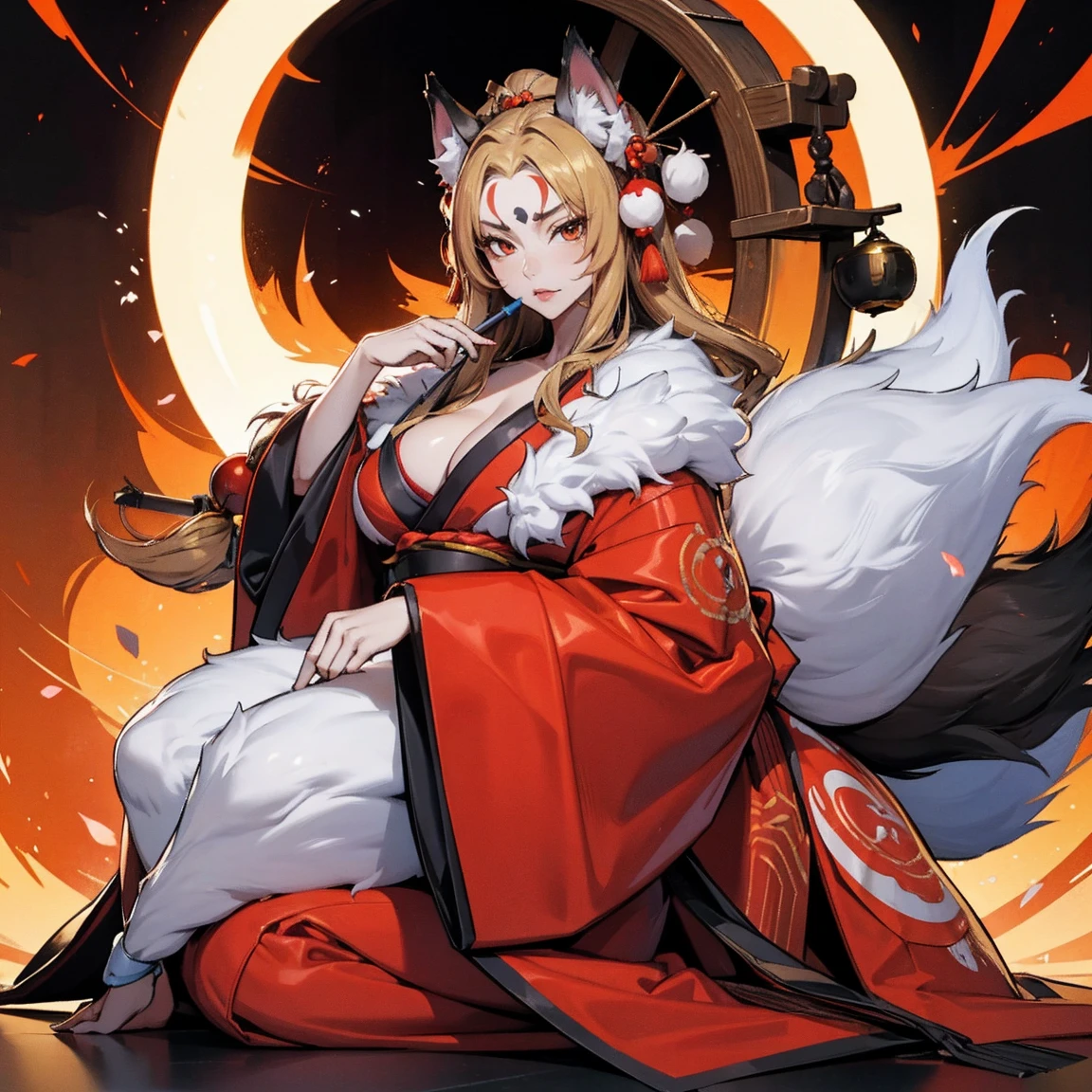 yuanshen,1girl,animal ears,multiple tails,tail,japanese clothes,fox ears,fox tail,kimono,sitting,kitsune,wide sleeves,fox,holding,long hair,kyuubi,hand fan,animal,hair ornament,solo,looking at viewer,long sleeves,blonde hair,rope,holding fan,makeup,bell,torii,mask,fox girl,perfect hands, huge breasts, cleavage, mature, wild hair, (hair covering one eye),full body shot,