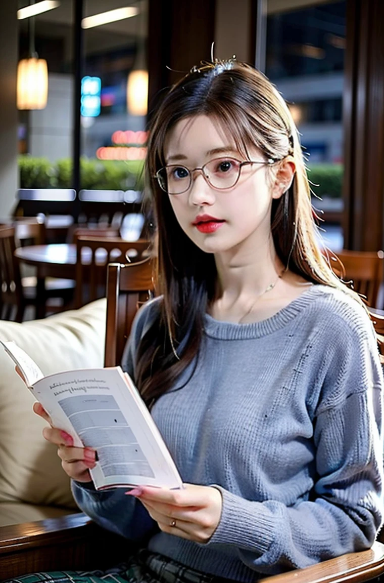 (best quality, ultra-detailed), a girl reading a textbook, beautiful detailed eyes, (green eyes:1.2), beautiful detailed lips, longeyelashes, studying, a quiet library, soft natural lighting, bookshelves filled with books, curled up on a cozy armchair, reading glasses, concentrated expression, flowing hair, (white hair:1.3), plaid skirt and bluesky sweater, high-res image, vivid colors, ultra-realistic, photorealistic, photograph, photogenic, bokeh.