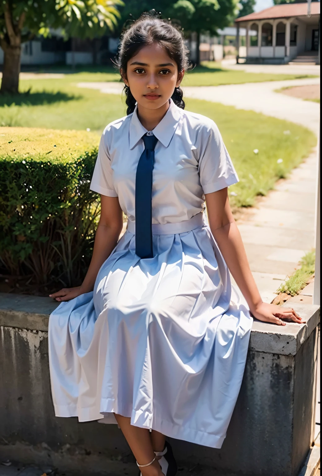 Raw photo , 1 girl  ,Wearing white hijab , frock and color tie, white shoes ,sri lanka teen school girl, with plait , professional photographer, (hdr:1.4), masterpiece, ultra-realistic 8k, perfect artwork, intrincate details, cute face, award winning photograph, (Best quality, 8k, 32k, Masterpiece, UHD:1.3) ,