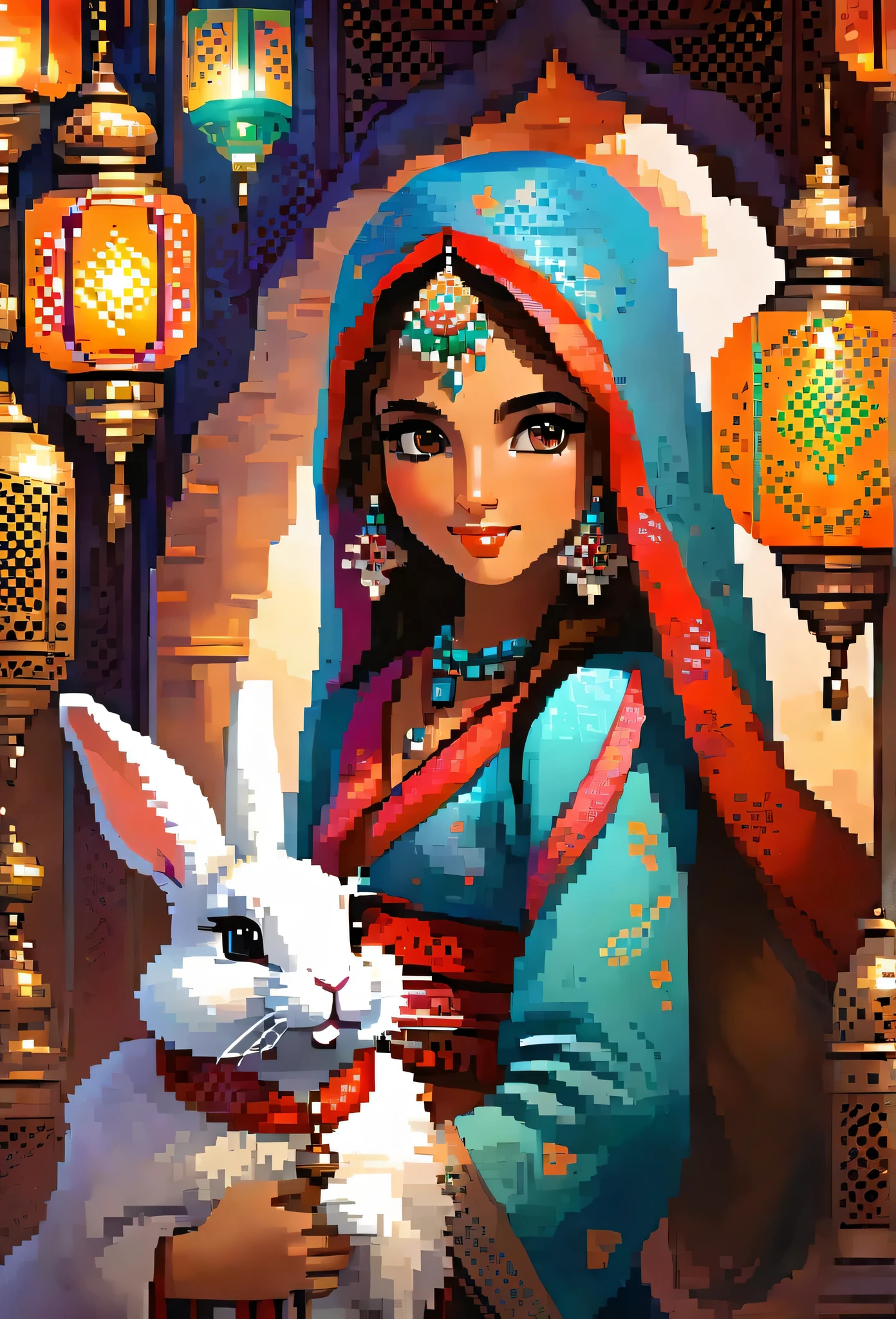 masterpiece, best quality, novel illustration, highres, 16x9 aspect ratio, turkish aesthetic, furry rabbit girl, magical world, arabian garb, exoticism, ethereal beauty, mesmerizing lamps, vibrant colors, delicate designs, rich textures, detailed patterns, lustrous shine,