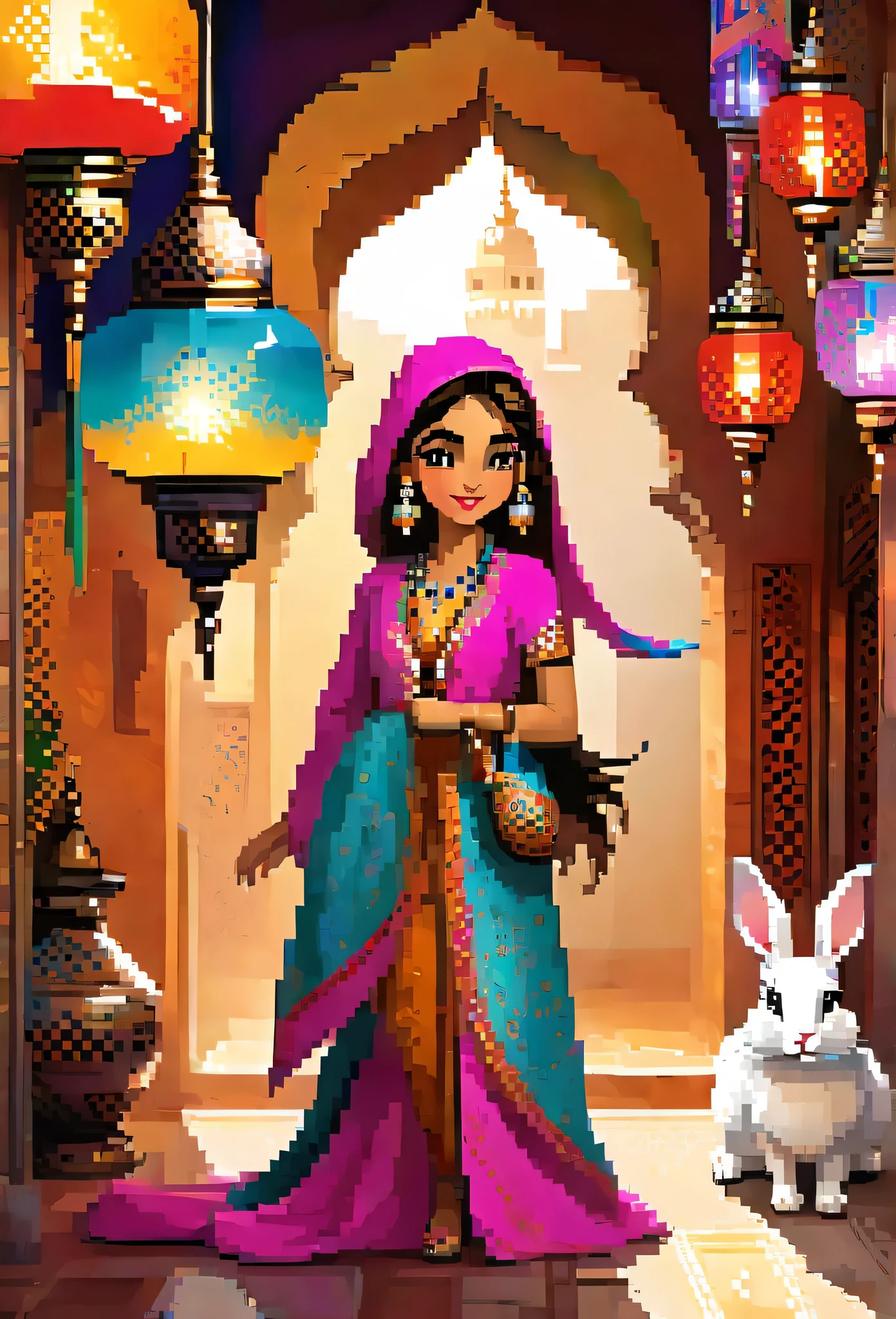 masterpiece, best quality, novel illustration, highres, 16x9 aspect ratio, turkish aesthetic, furry rabbit girl, magical world, arabian garb, exoticism, ethereal beauty, mesmerizing lamps, vibrant colors, delicate designs, rich textures, detailed patterns, lustrous shine,