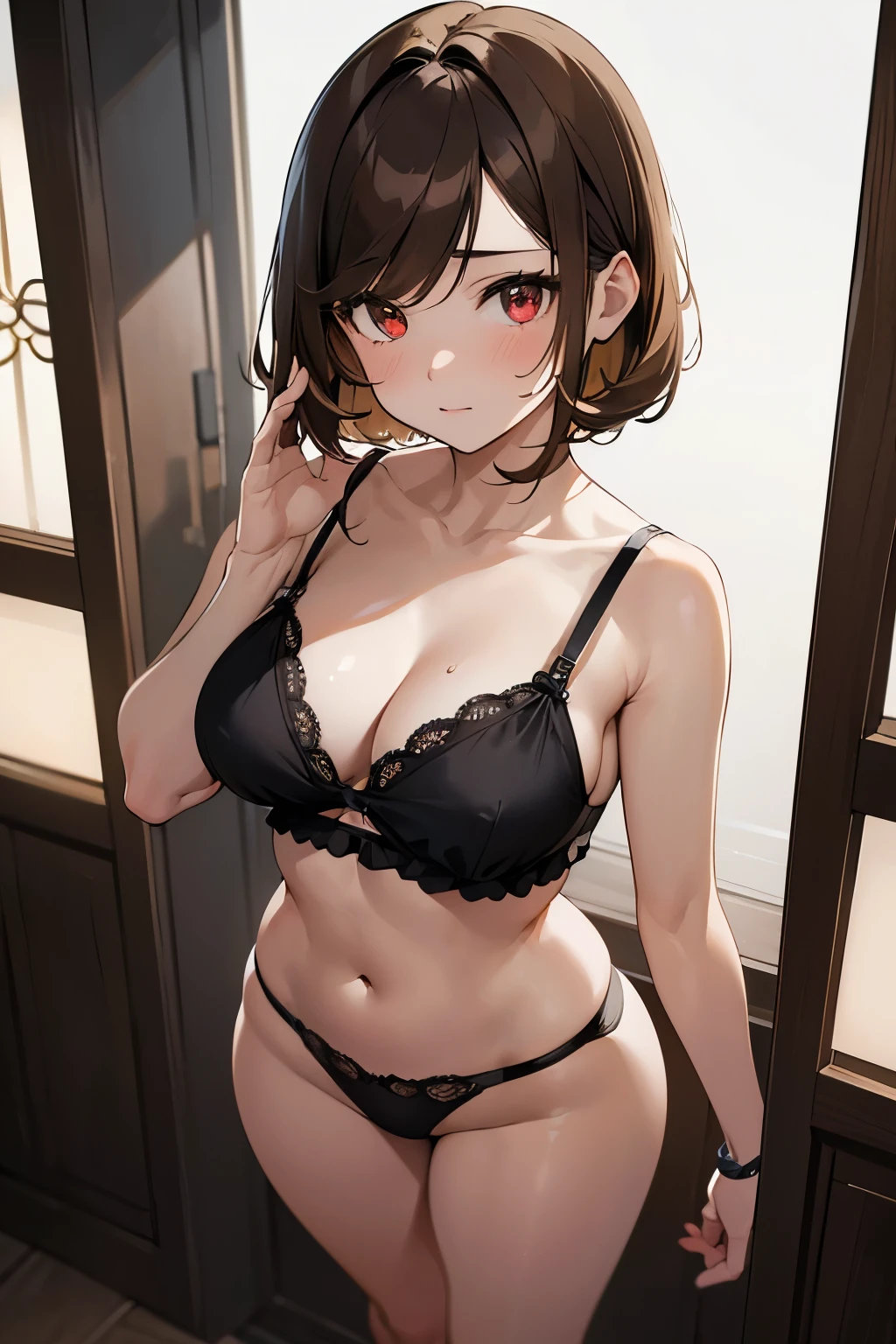 1 girl, , UHigh resolution, retina, masterpiece, Accurate, Anatomically correct, Rough skin, Very detailed, Advanced Details, high quality, Awards, 最high quality, High resolution, High resolution, 4K,(anime,8k,masterpiece, 最high quality, 最high quality,beautifully、aesthetic:1.2,Professional Illustration:1.1,Very detailed:1.3,Perfect lighting),Very detailed,Most detailed,Unbelievably absurd,High resolution,Very detaileded,Complex:1.6, Cute pose，young，③red eyes,detailed face, fine eyes, Skin details，④: animation, figure, 
⑤: (parted bangs: 1.5)，diagonal bang ，very short hair，(Light brown hair:1.2)，⑦: (head shot:1.5), looking at the viewer, ⑧: Camisole blouse，full body, thin underwear with little fabric, Sexy lingerie