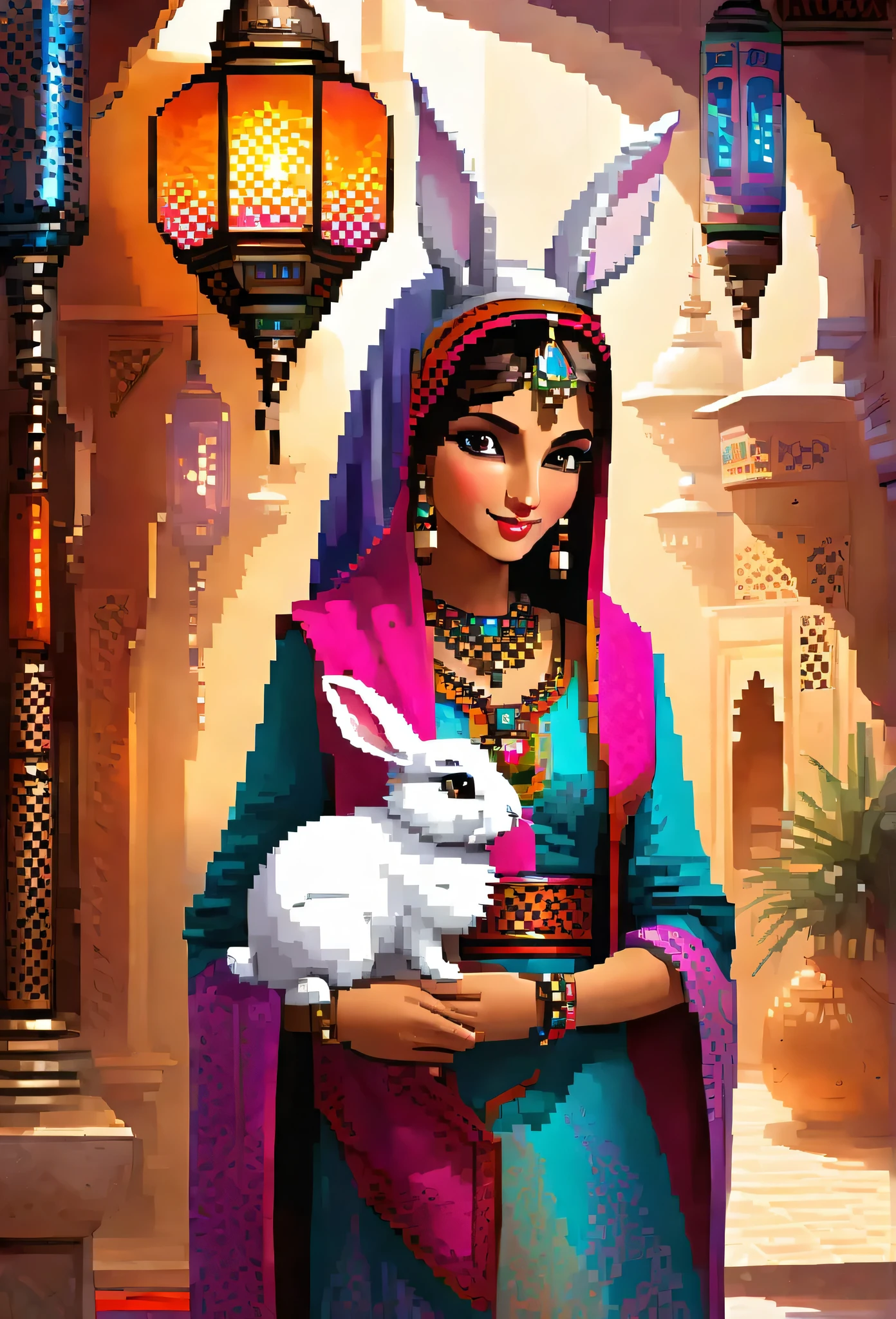 masterpiece, best quality, novel illustration, highres, 16x9 aspect ratio, turkish aesthetic, furry rabbit girl, magical world, arabian garb, exoticism, ethereal beauty, mesmerizing lamps, vibrant colors, delicate designs, rich textures, detailed patterns, lustrous shine,