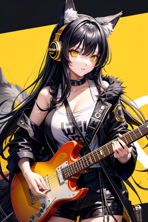 wolf girl,yellow eyes,big black hair and yellow tips, furry and cute wolf ears, rock outfit, playing guitar with headphones, beautiful body.

￼


