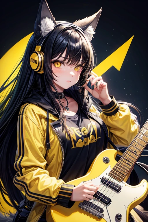 wolf girl,yellow eyes,big black hair and yellow tips, furry and cute wolf ears, rock outfit, playing guitar with headphones, beautiful body.

￼


