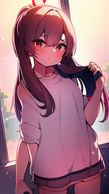 Adulta joven, Alta y delgada, Cabello negro ondulado, mirada penetrante con ojos profundos de color rojo, estatura promedio, Silky hair with a ponytail hairstyle collected with a red bow with two white lines, tiene pechos, copa de pechos b, senos medios, delgada, primer plano, Session, standing in the middle of his room [[[[sonriendo malvadamente]]]] , Sonrojada, mini dress transparent lingerie 