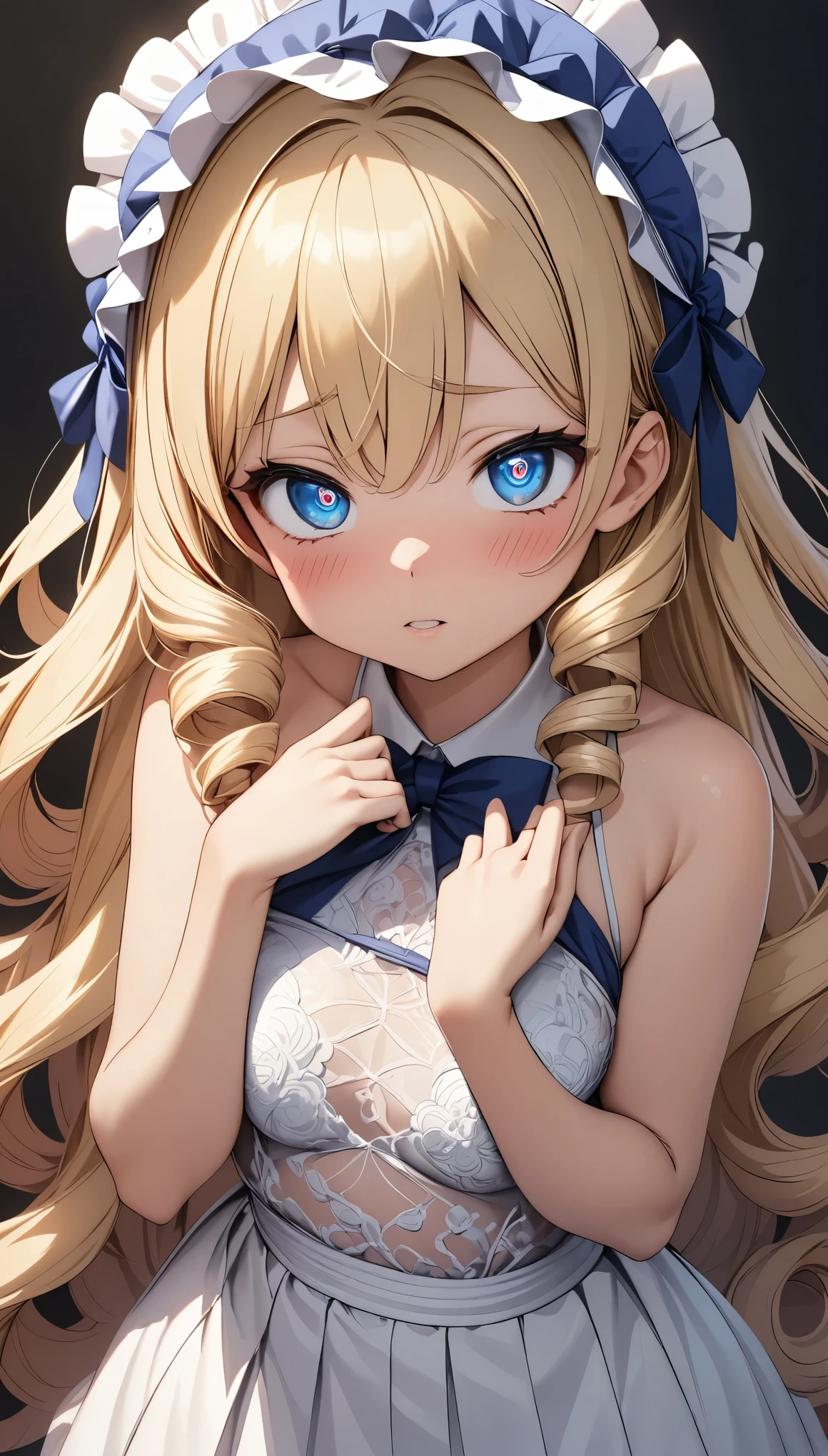 masterpiece expires later, best quality, extremely detailed, high resolution, Japanese anime,1girl, blonde hair, (long length hair:1.4), , nipple, side braid hair, curly hair, wavy hair, drill hair, curl outward hair, (blue eyes:1.5), (beautiful detailed eyes:1.4), red blush , blushing with embarrassment, -yeld , cm tall, original character, fantasy, (black background:1.2), , beautiful fingers, (Bold poses1.5) , lace dress, (headdress:1.2) , looking at viewer