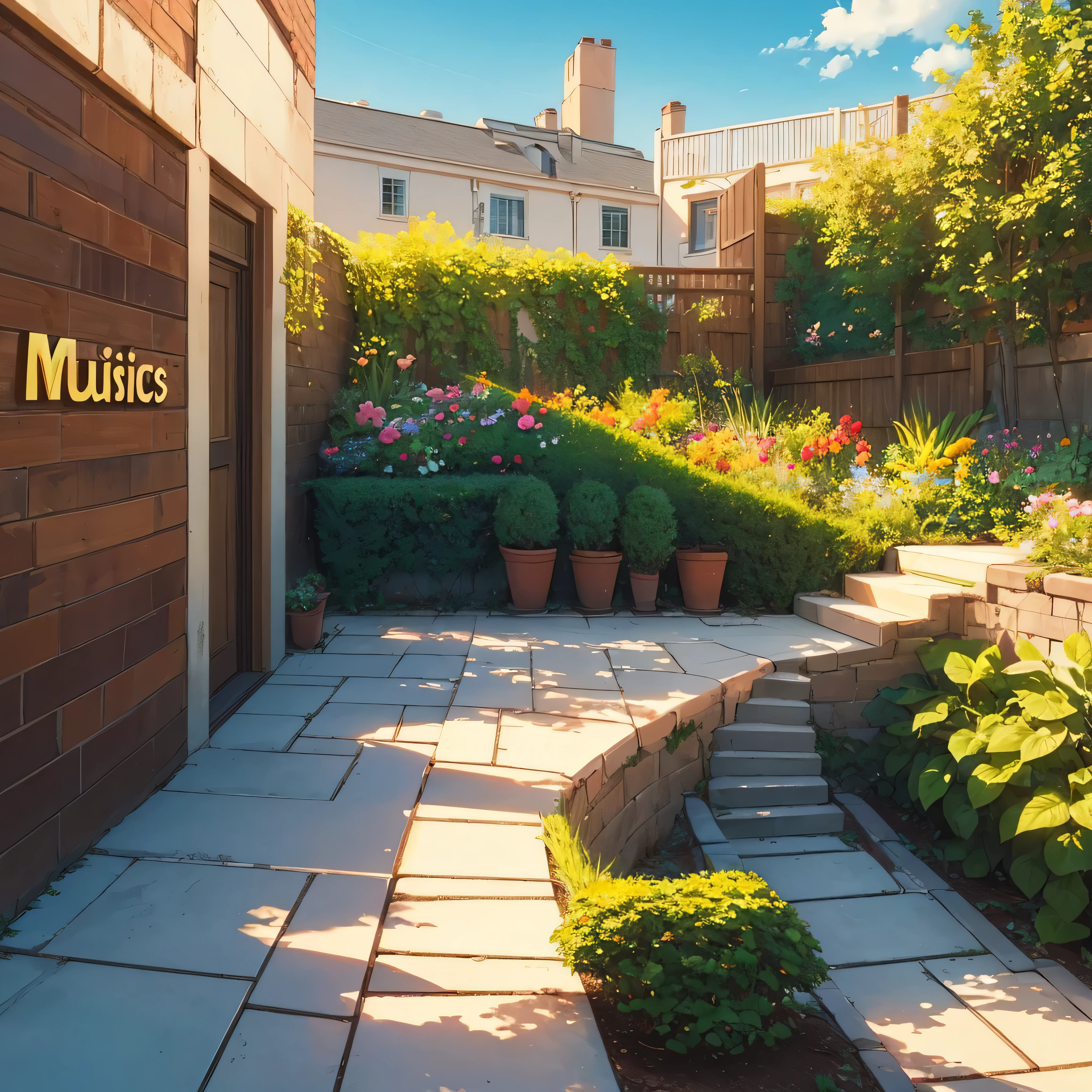 A channel cover with the name "Chilling Musics" written in warm colors and with a garden drawn in the background of the sign
