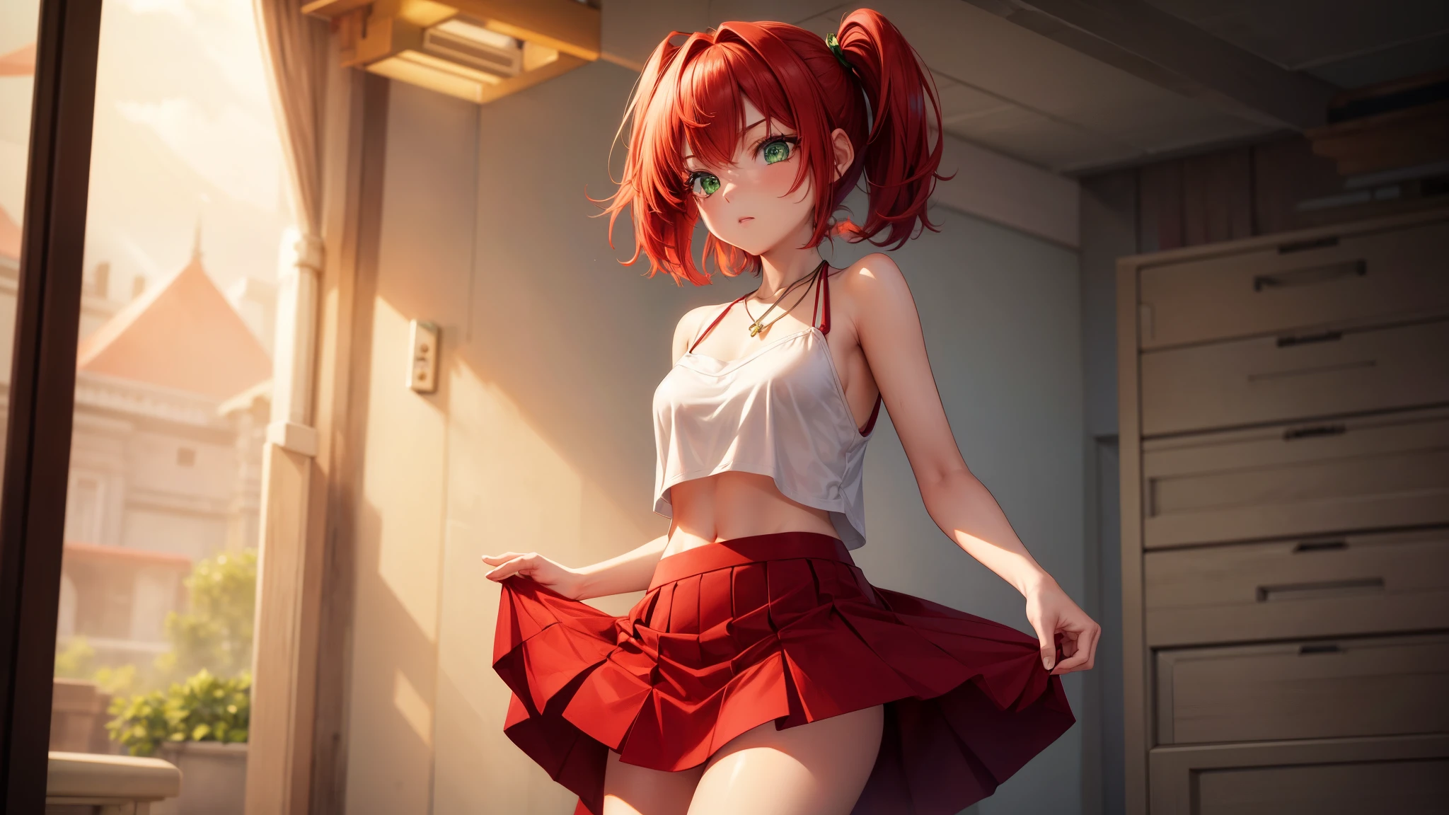Best quality, ultra high resolution, 1 girl, Red hair, Green eyes, short and thin body, short top, neckline, skirt, ((shyexpression)),