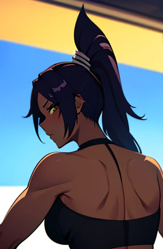 do yoruichi wearing a sexy black swimsuit from the back showing her ass