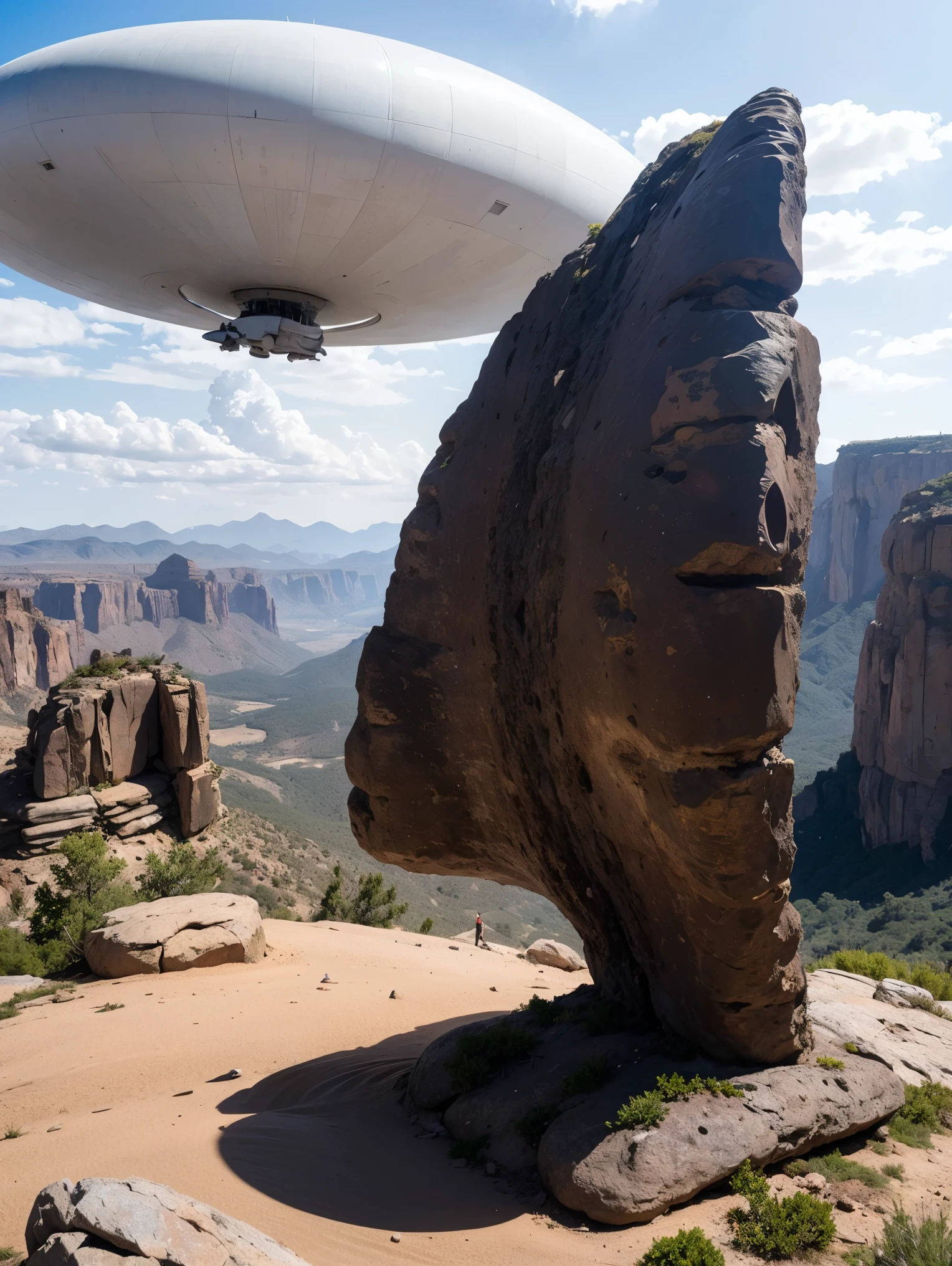 masterpiece, Ultra-realistic, from ground, Stargate on a rocky desert outcrop, I see a small tornado in the distance.