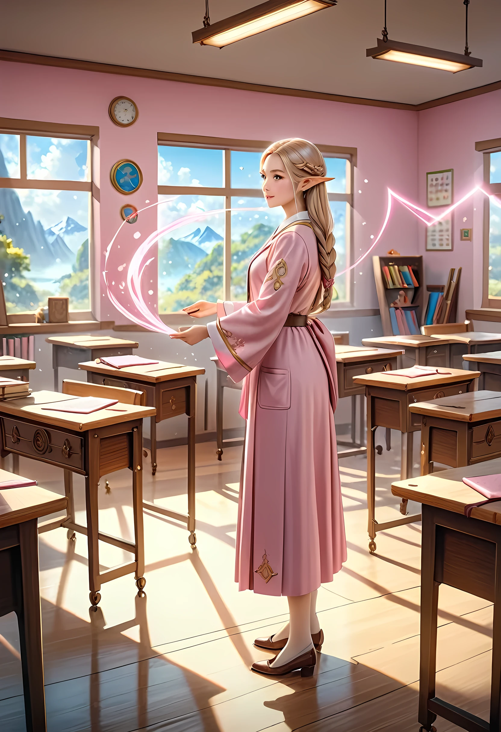 high details, best quality, 16k, [ultra detailed], masterpiece, best quality, (extremely detailed), ultra wide shot, photorealistic, a picture of an elf magical teacher (best details, Masterpiece, best quality: 1.5), teaching magical arts, manipulating magical pink magic runes in the air GlowingRunes_pink (best details, Masterpiece, best quality: 1.5) at fantasy classroom, a female elf, exquisite beauty (best details, Masterpiece, best quality: 1.5), ultra feminine (best details, Masterpiece, best quality: 1.5), full body (best details, Masterpiece, best quality: 1.5) golden hair, hair in a long braid, small pointed ears, dynamic eyes color, wearing a teachers robe, standing in the classroom (best details, Masterpiece, best quality: 1.5), fantasy class background, best realistic, best details, best quality, 16k, [ultra detailed], masterpiece, best quality, (extremely detailed), ultra wide shot, photorealism, room is lit with bright light, depth of field, half-elf ears