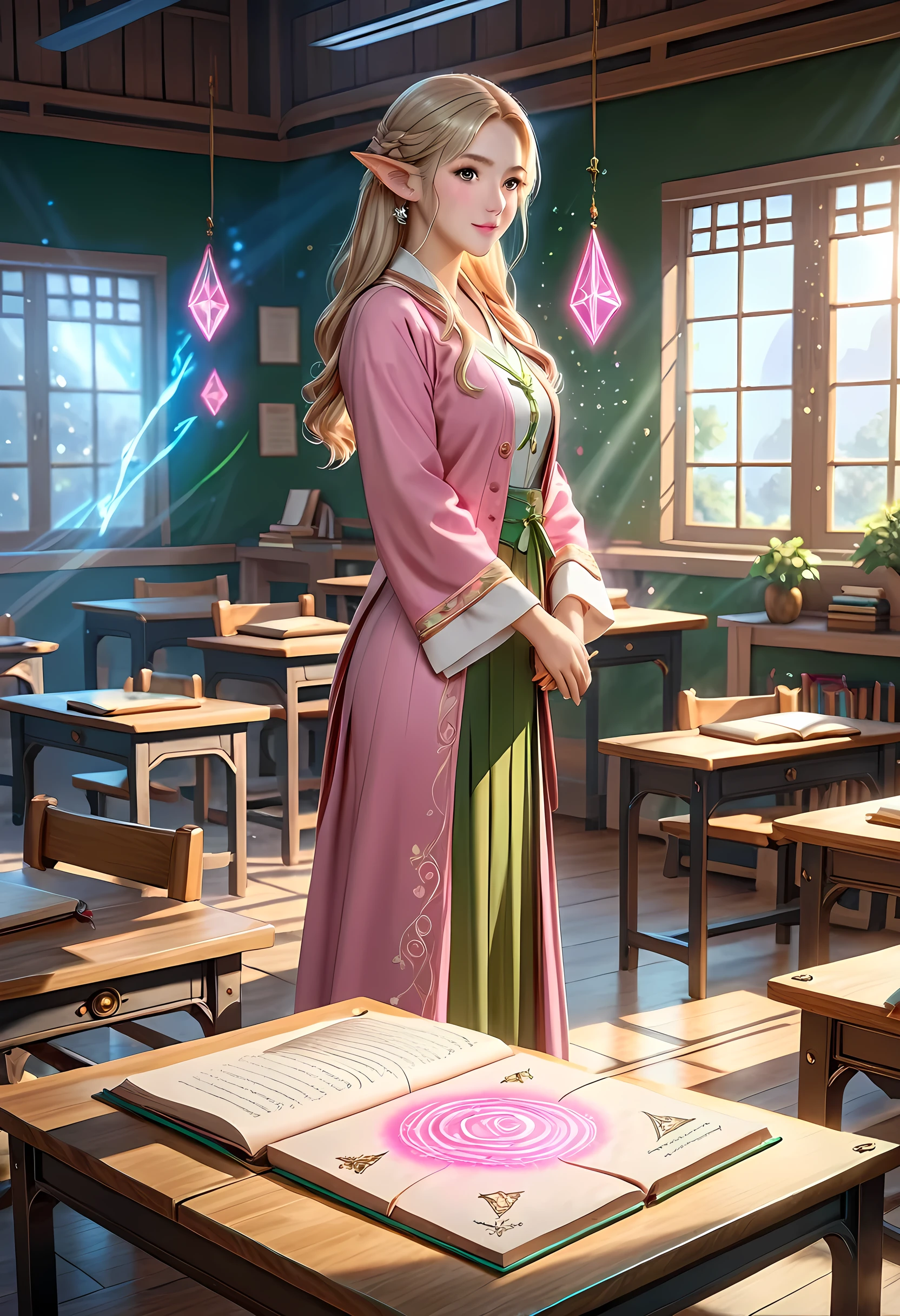 high details, best quality, 16k, [ultra detailed], masterpiece, best quality, (extremely detailed), ultra wide shot, photorealistic, a picture of an elf magical teacher (best details, Masterpiece, best quality: 1.5), teaching magical arts, manipulating magical pink magic runes in the air GlowingRunes_pink (best details, Masterpiece, best quality: 1.5) at fantasy classroom, a female elf, exquisite beauty (best details, Masterpiece, best quality: 1.5), ultra feminine (best details, Masterpiece, best quality: 1.5), full body (best details, Masterpiece, best quality: 1.5) golden hair, hair in a long braid, small pointed ears, dynamic eyes color, wearing a teachers robe, standing in the classroom (best details, Masterpiece, best quality: 1.5), fantasy class background, best realistic, best details, best quality, 16k, [ultra detailed], masterpiece, best quality, (extremely detailed), ultra wide shot, photorealism, room is lit with bright light, depth of field, half-elf ears