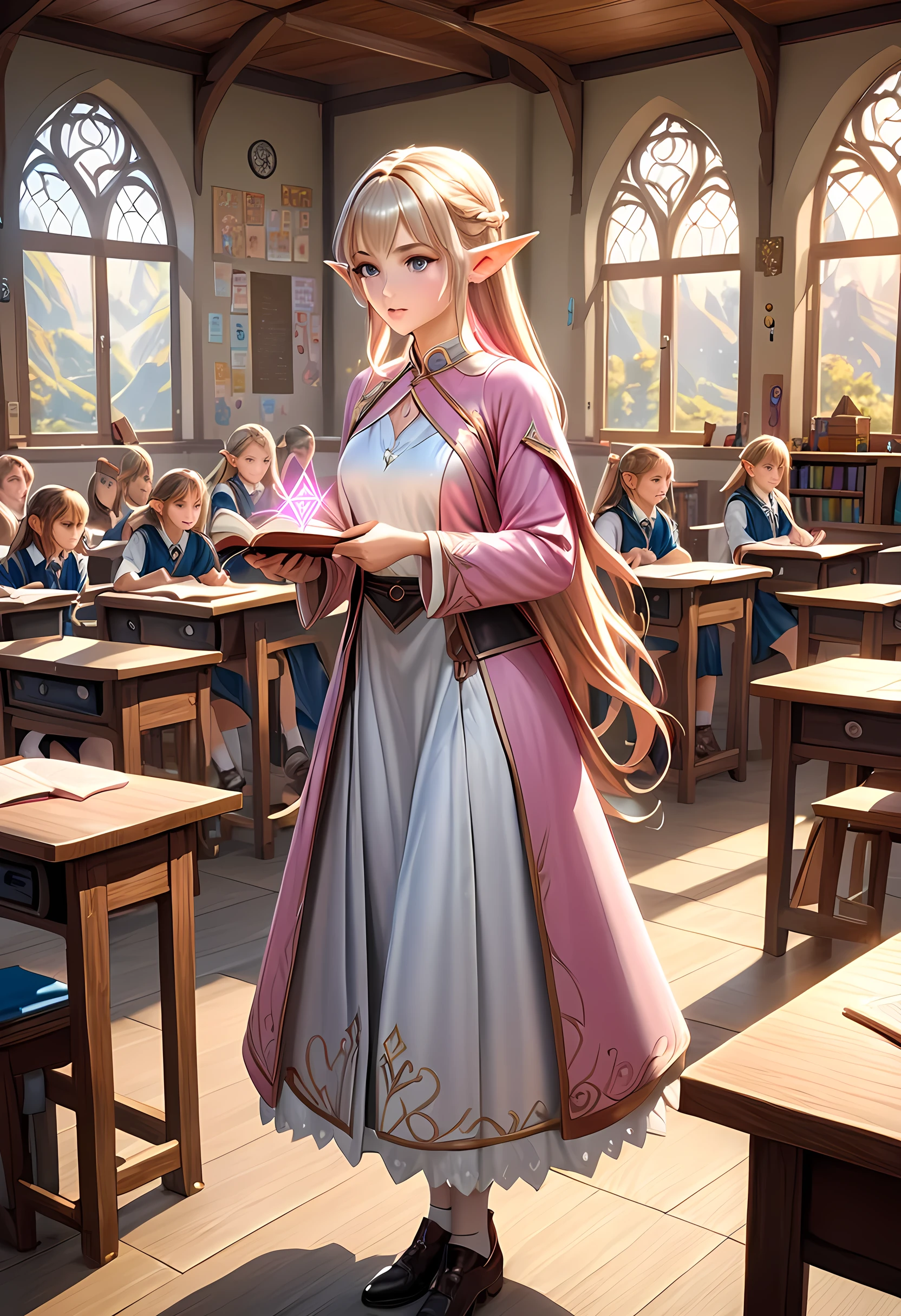 high details, best quality, 16k, [ultra detailed], masterpiece, best quality, (extremely detailed), ultra wide shot, photorealistic, a picture of an elf magical teacher (best details, Masterpiece, best quality: 1.5), teaching magical arts, manipulating magical pink magic runes in the air GlowingRunes_pink (best details, Masterpiece, best quality: 1.5) at fantasy classroom, a female elf, exquisite beauty (best details, Masterpiece, best quality: 1.5), ultra feminine (best details, Masterpiece, best quality: 1.5), full body (best details, Masterpiece, best quality: 1.5) golden hair, hair in a long braid, small pointed ears, dynamic eyes color, wearing a teachers robe, standing in the classroom (best details, Masterpiece, best quality: 1.5), fantasy class background, best realistic, best details, best quality, 16k, [ultra detailed], masterpiece, best quality, (extremely detailed), ultra wide shot, photorealism, room is lit with bright light, depth of field, half-elf ears, ArmoredDress